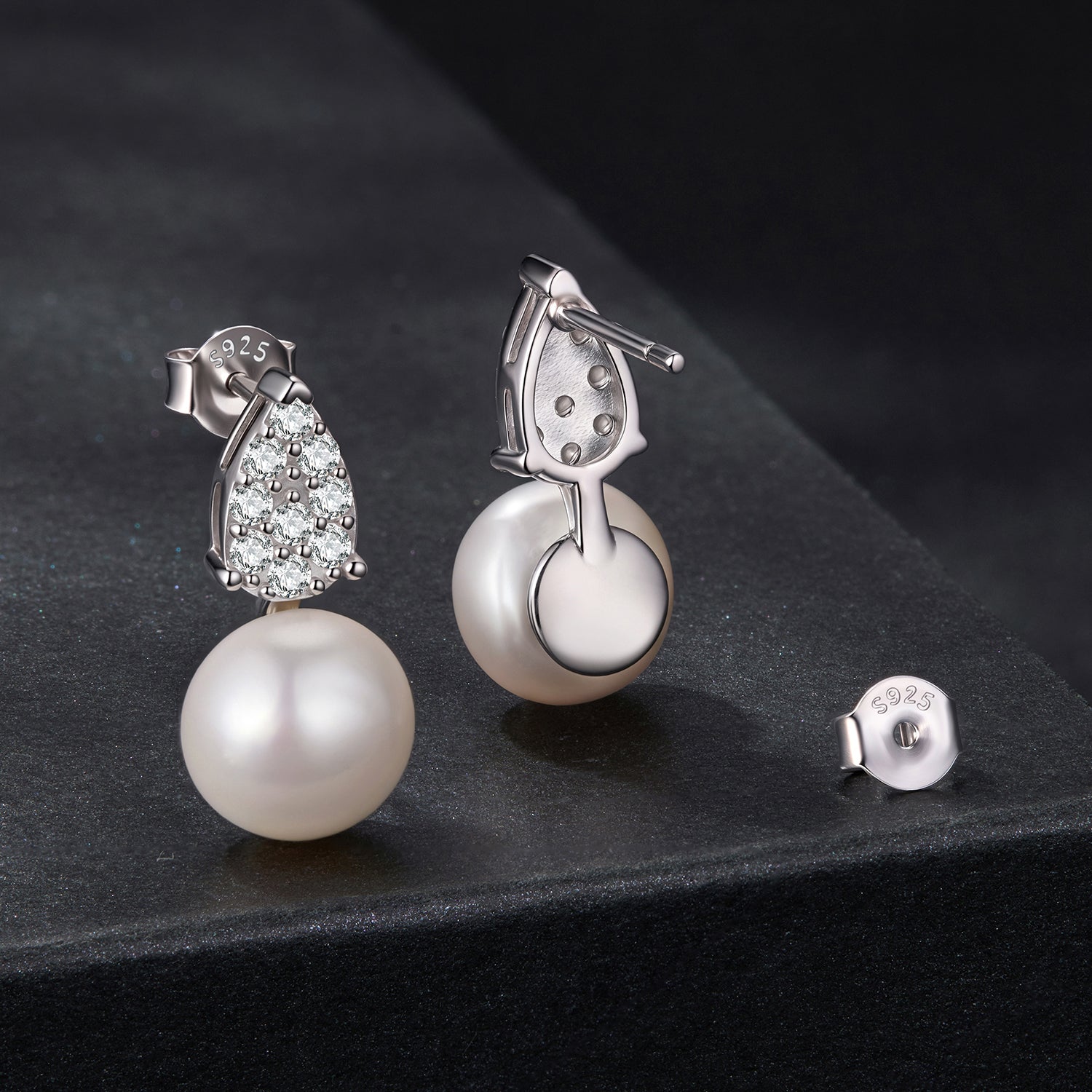 Pearl & Moissanite Teardrop Stud Earrings | Sterling Silver