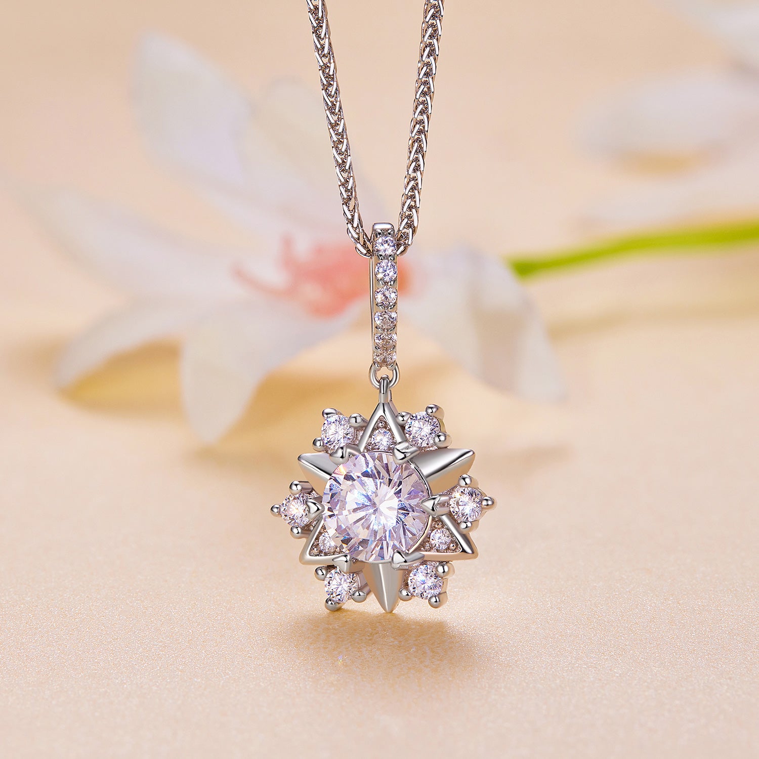 Sparkling Snowflake Moissanite Pendant Necklace | Halo in Sterling Silver