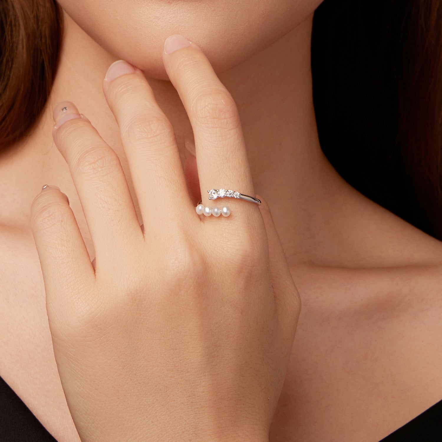 Adjustable Open Pearl & Moissanite Ring | Sterling Silver