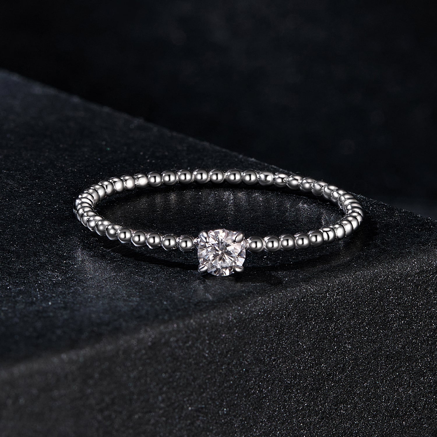 Timeless Beaded Stackable Ring with Round Cut Moissanite | Sterling Silver