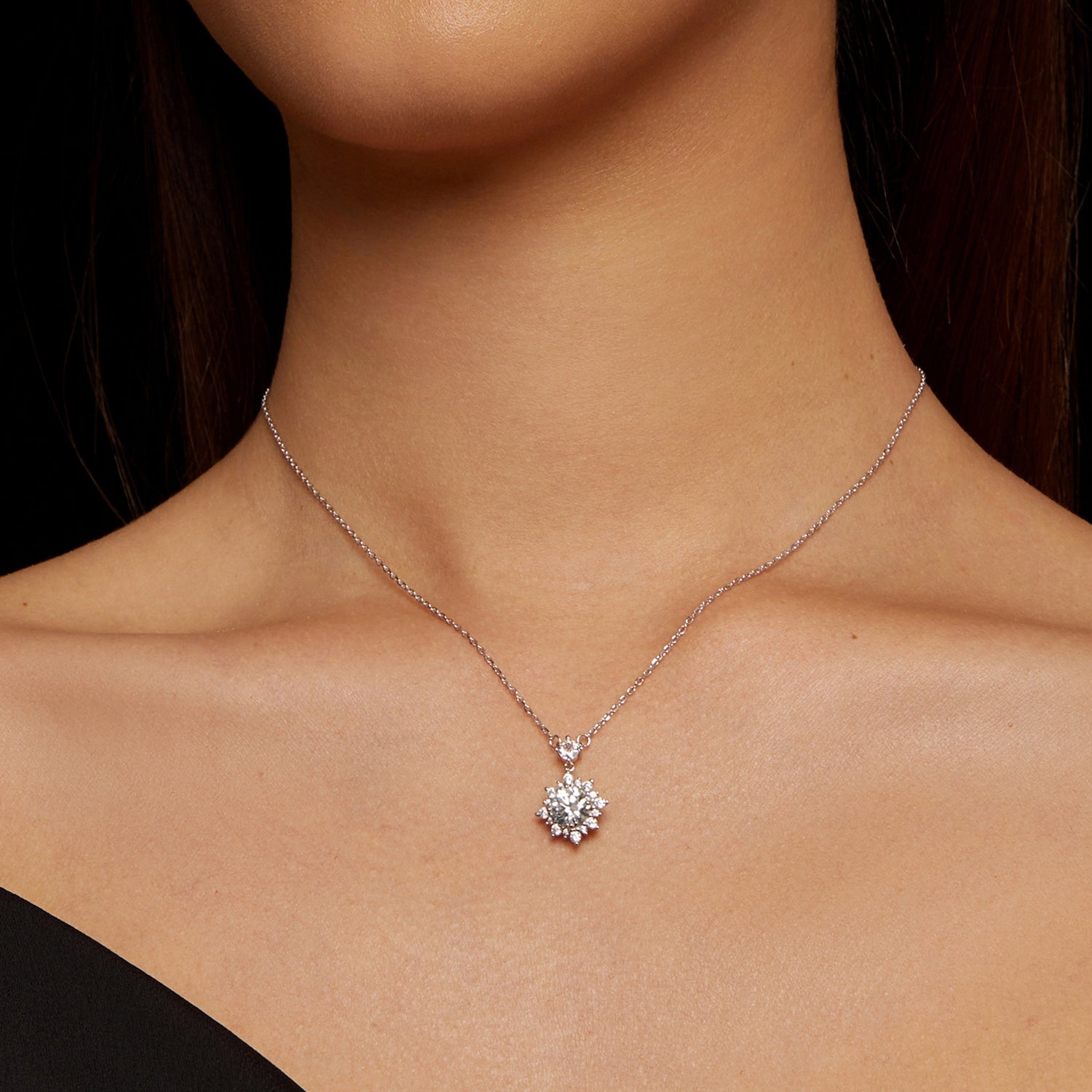 Radiant Sunflower Halo Moissanite Pendant Necklace | Sterling Silver