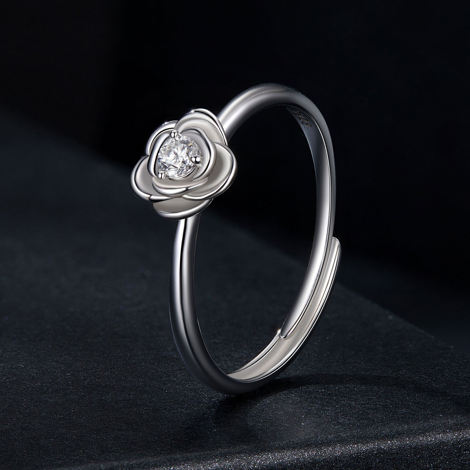 Romantic Rose Flower Moissanite Adjustable Ring | Sterling Silver