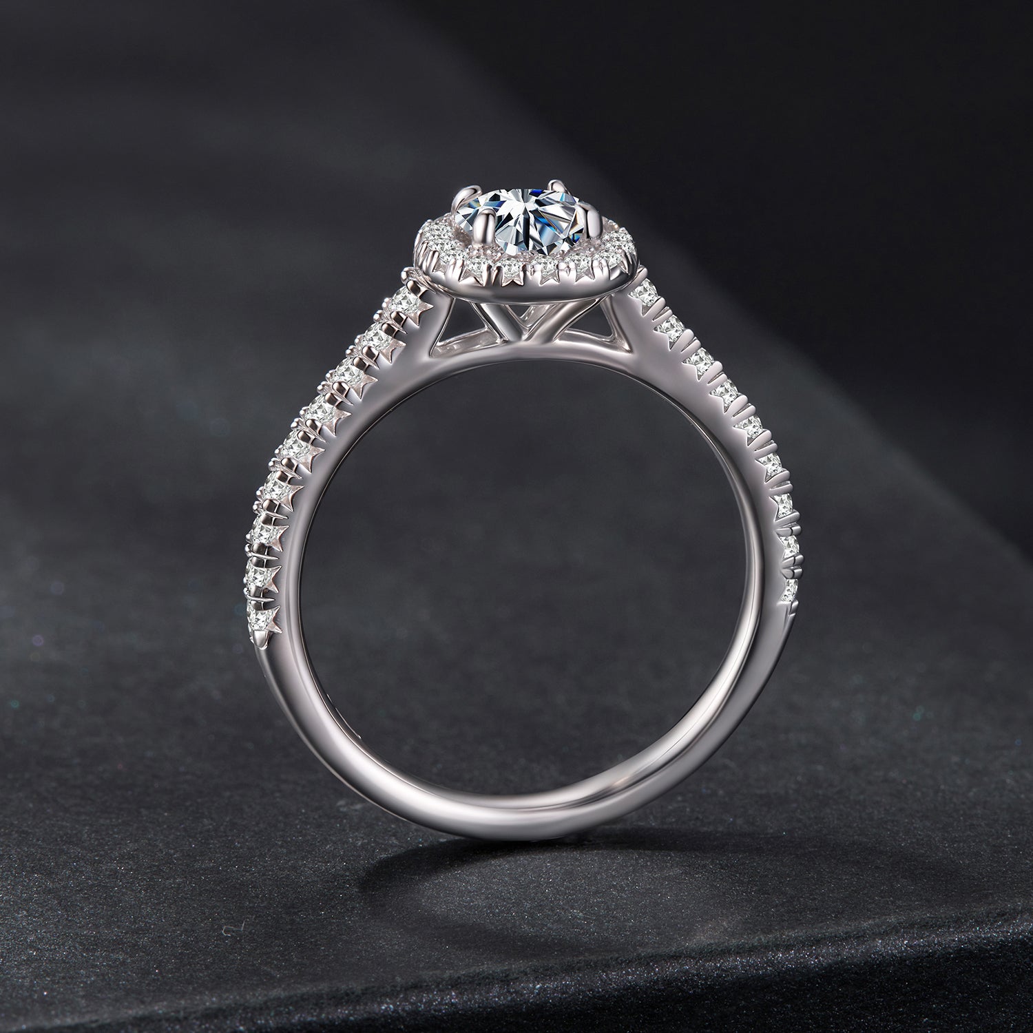 Halo Moissanite Engagement Ring | Pavé Band in Sterling Silver