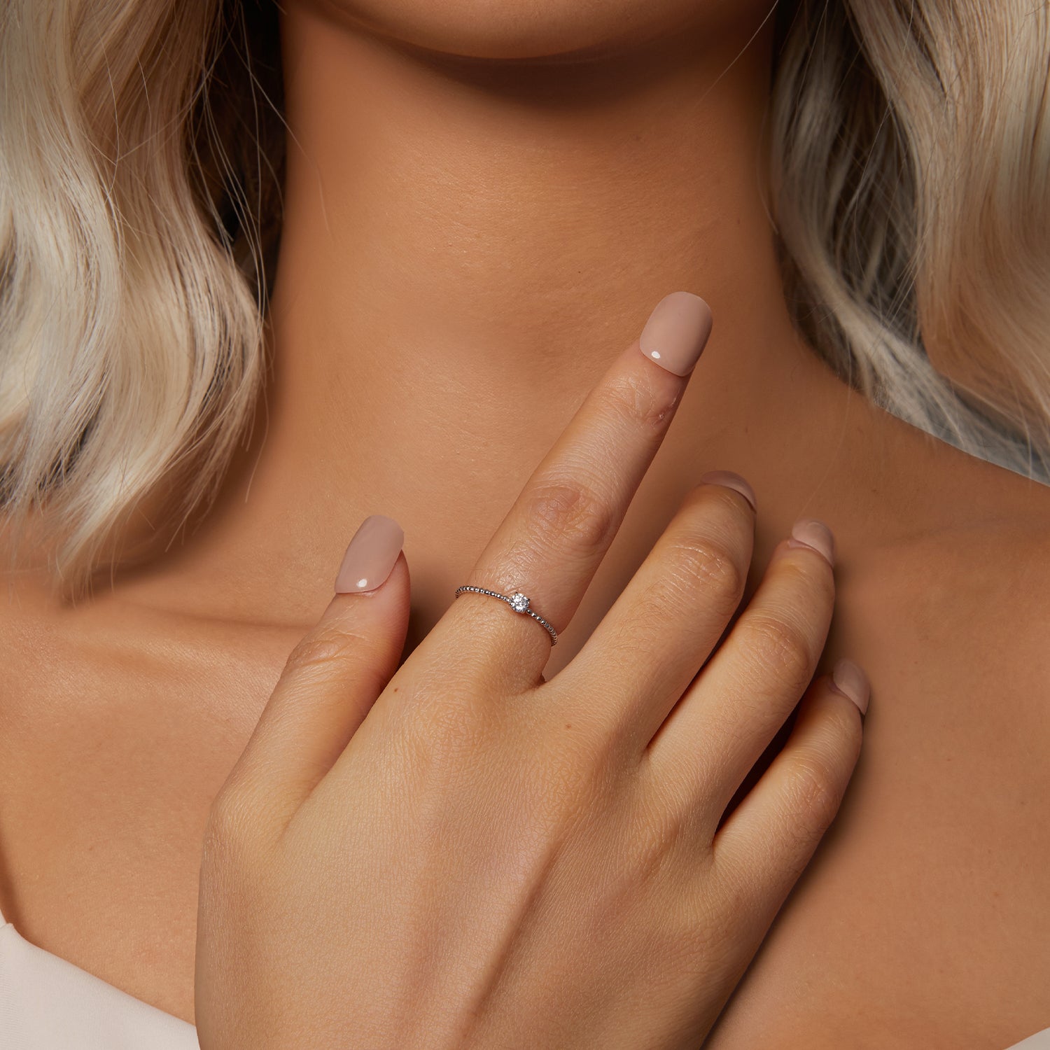 Timeless Beaded Stackable Ring with Round Cut Moissanite | Sterling Silver