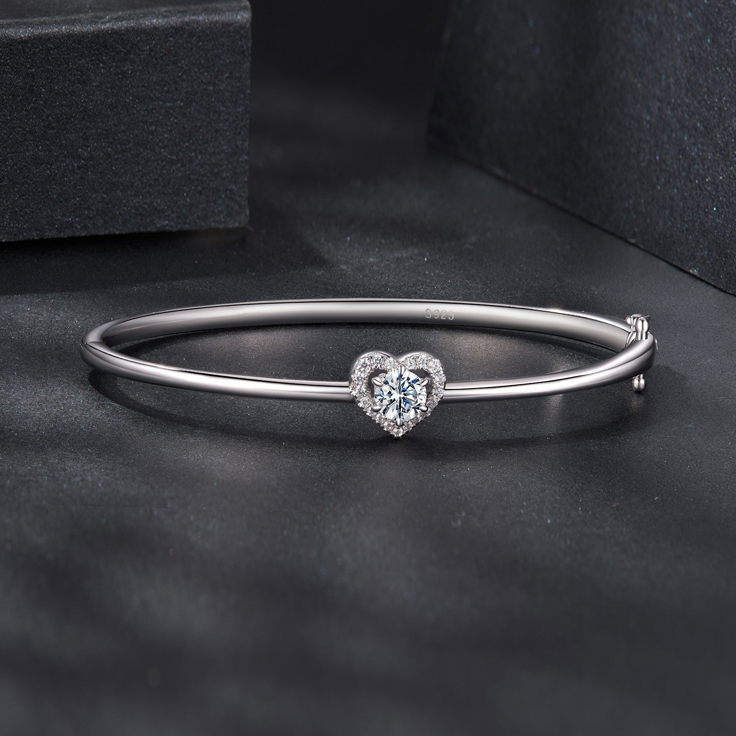 Heart Moissanite Bangle Bracelet | Sterling Silver