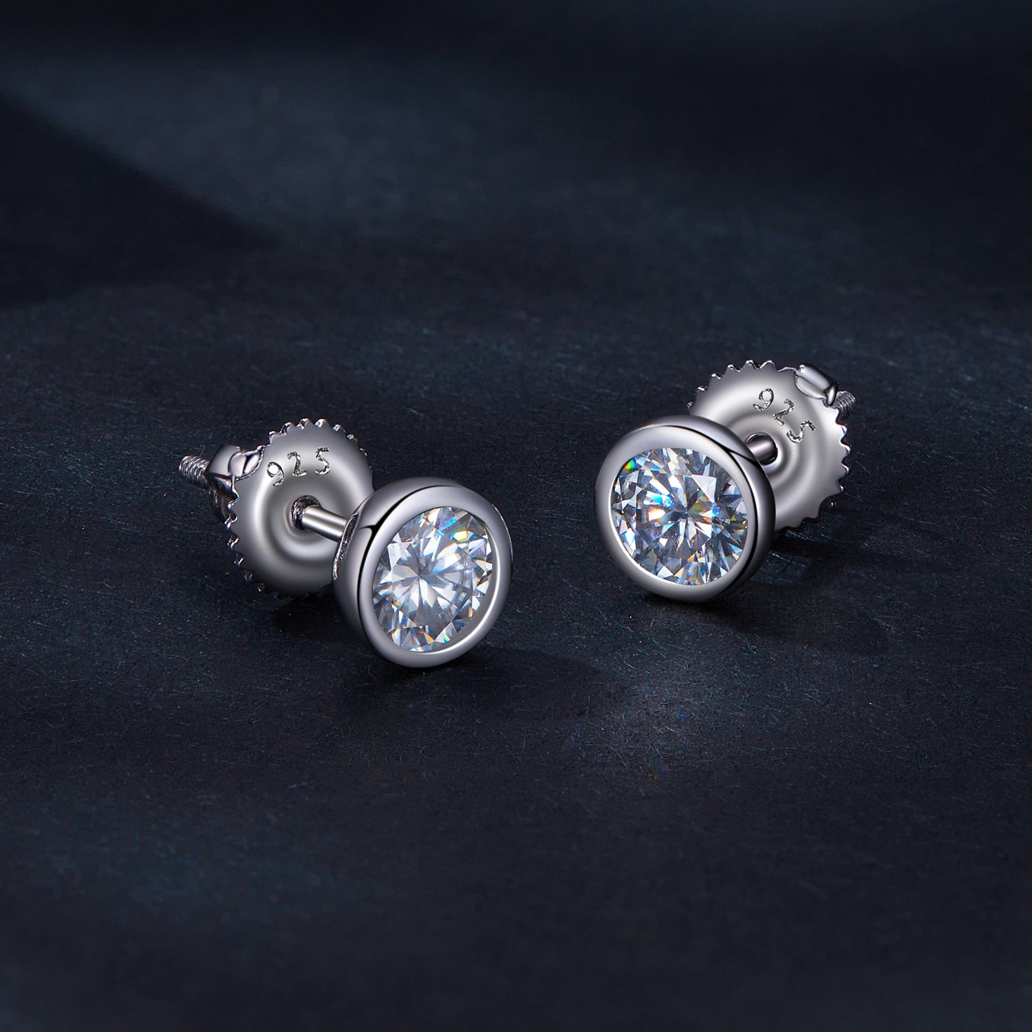 Bezel-Set Moissanite Stud Earrings | Screw-Back in Sterling Silver