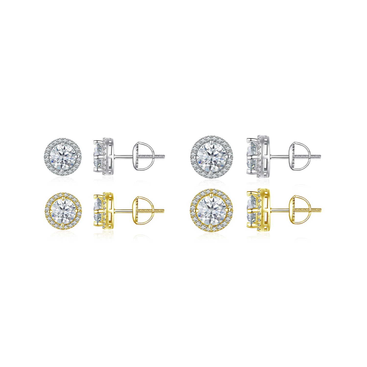 Halo Moissanite Stud Earrings in Sterling Silver with Screw-Back Posts - Front and Side View