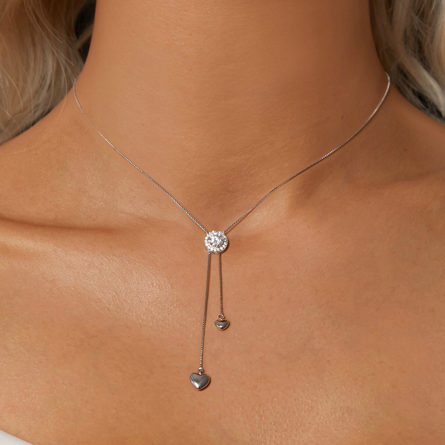 Romantic Hearts Halo Moissanite Y-Necklace | Sterling Silver