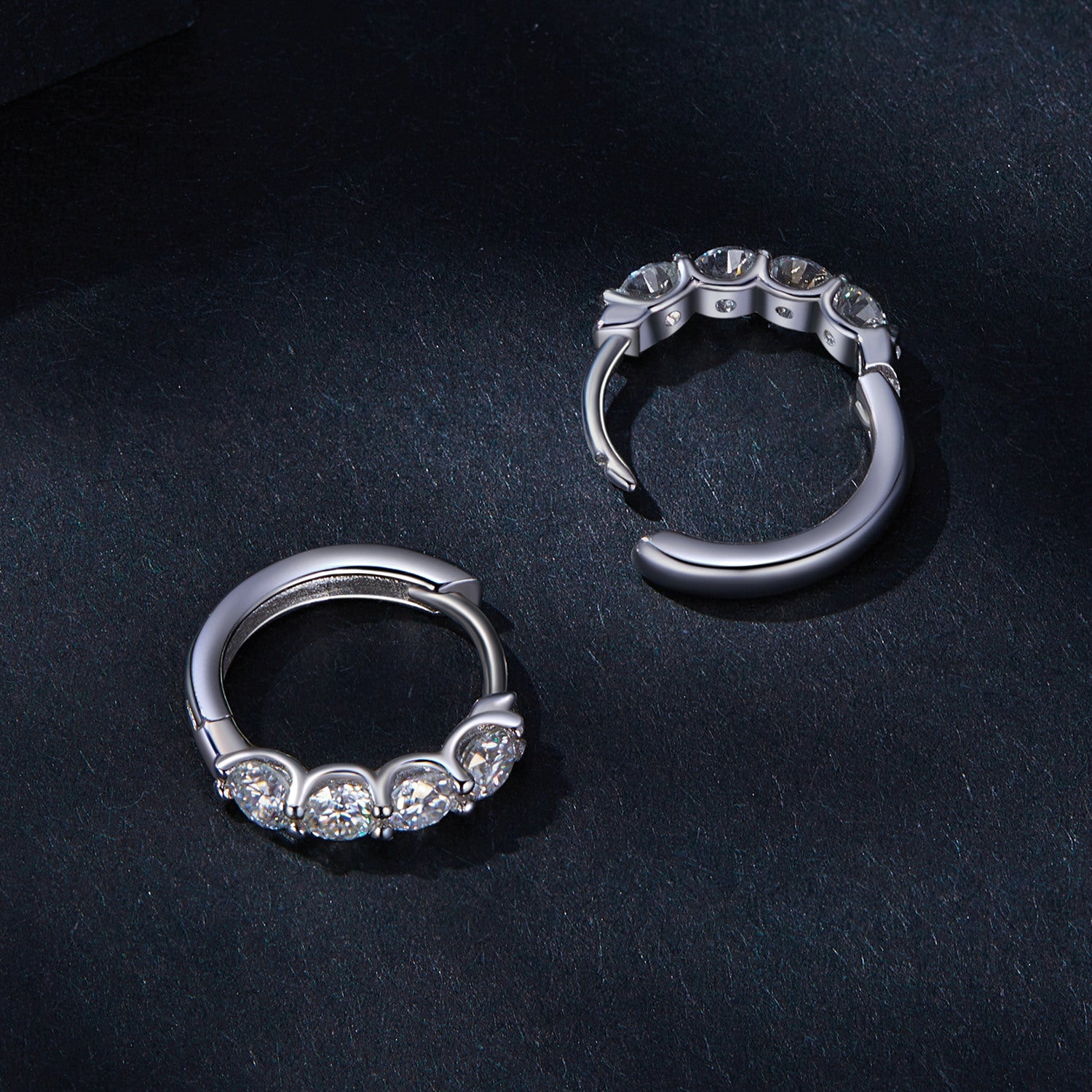 Sparkling Four-Stone Moissanite Hoop Earrings | Hinged in Sterling Silver