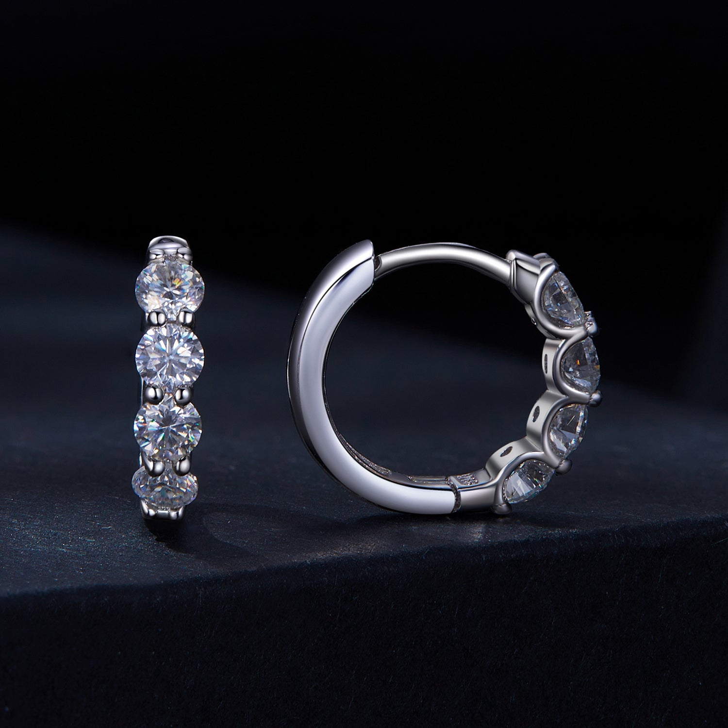 Sparkling Four-Stone Moissanite Hoop Earrings | Hinged in Sterling Silver