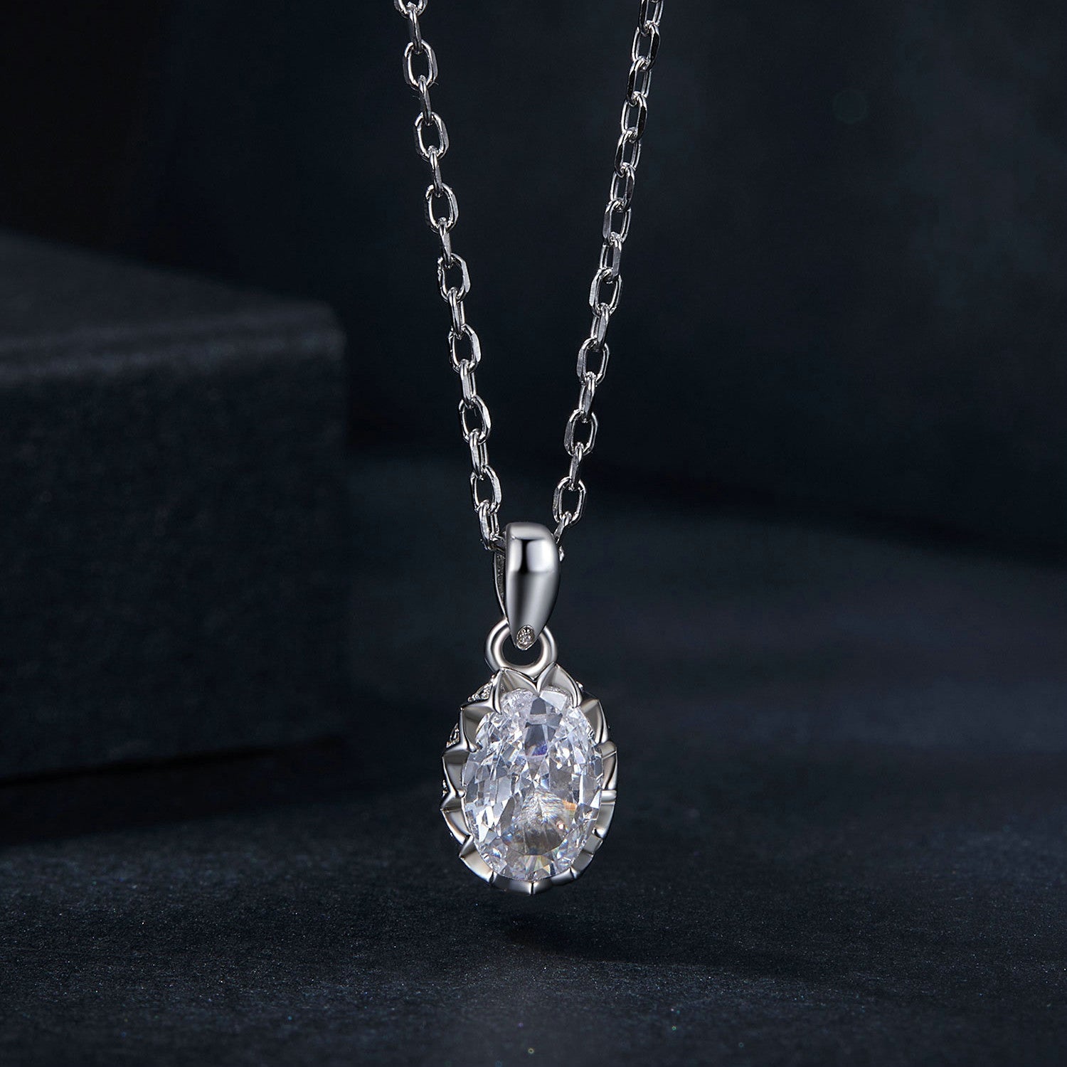 Vintage Crown Oval Moissanite Pendant Necklace | Sterling Silver
