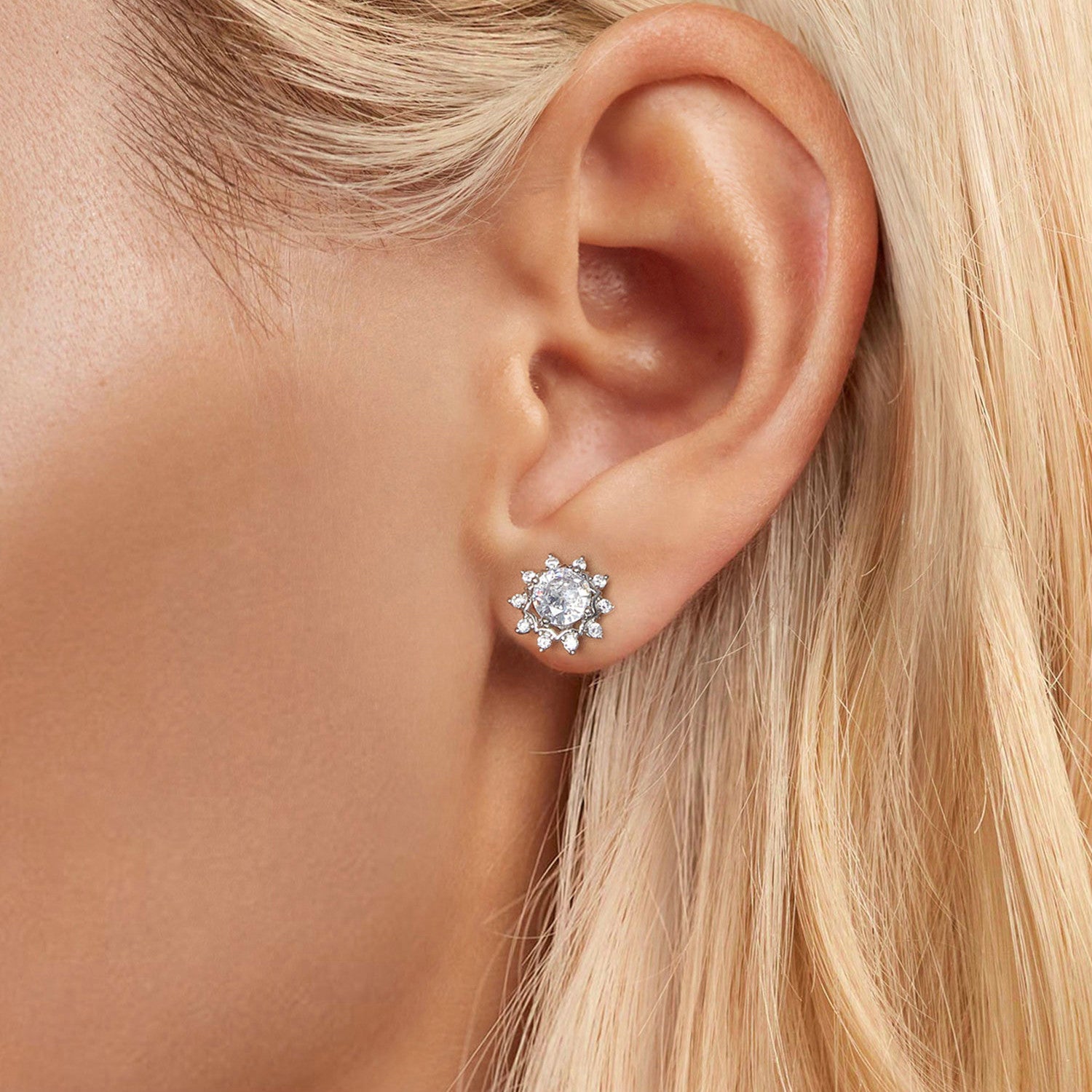 Radiant Sunflower Snowflake Halo Moissanite Stud Earrings | Sterling Silver
