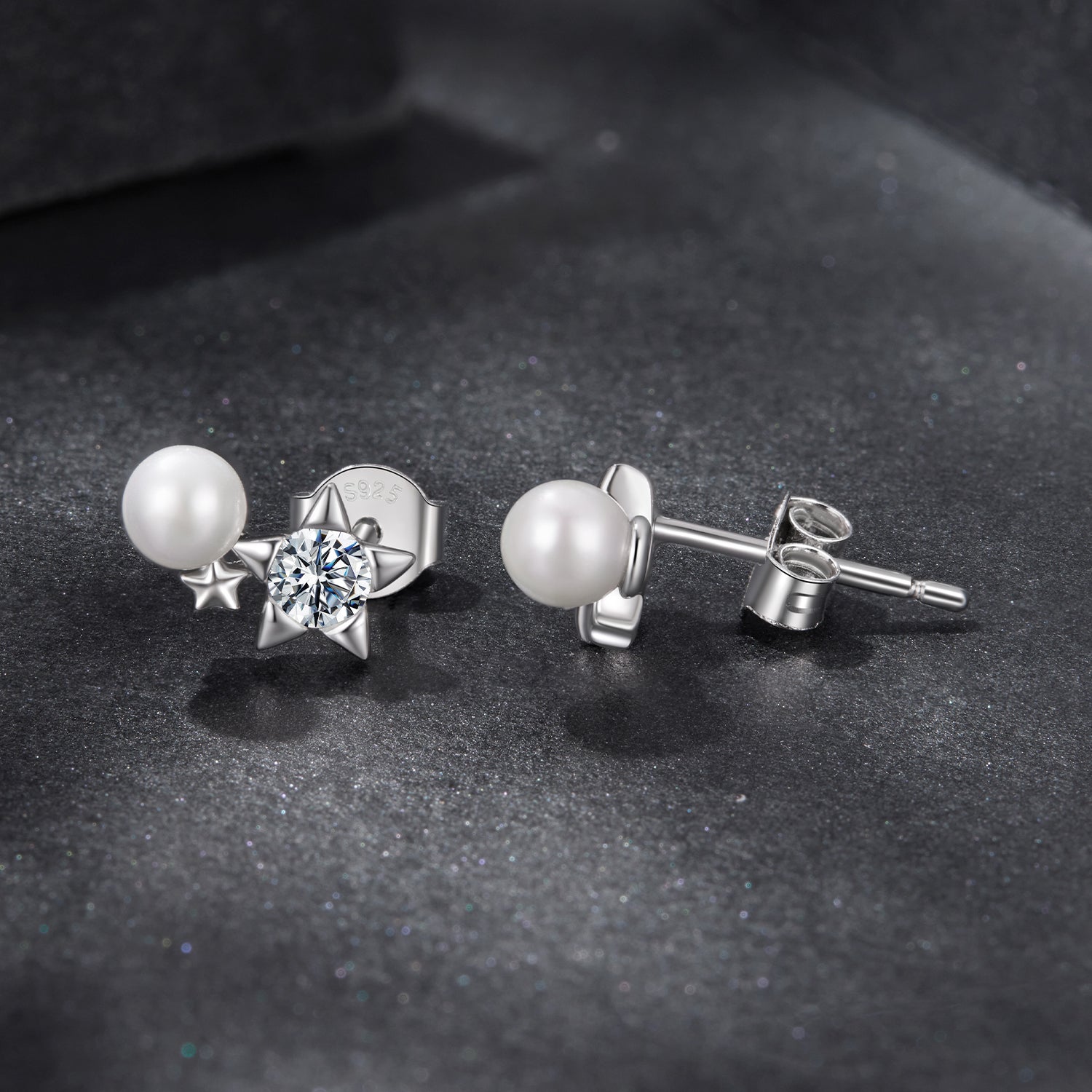 Five-Point Star Pearl & Moissanite Stud Earrings | Sterling Silver