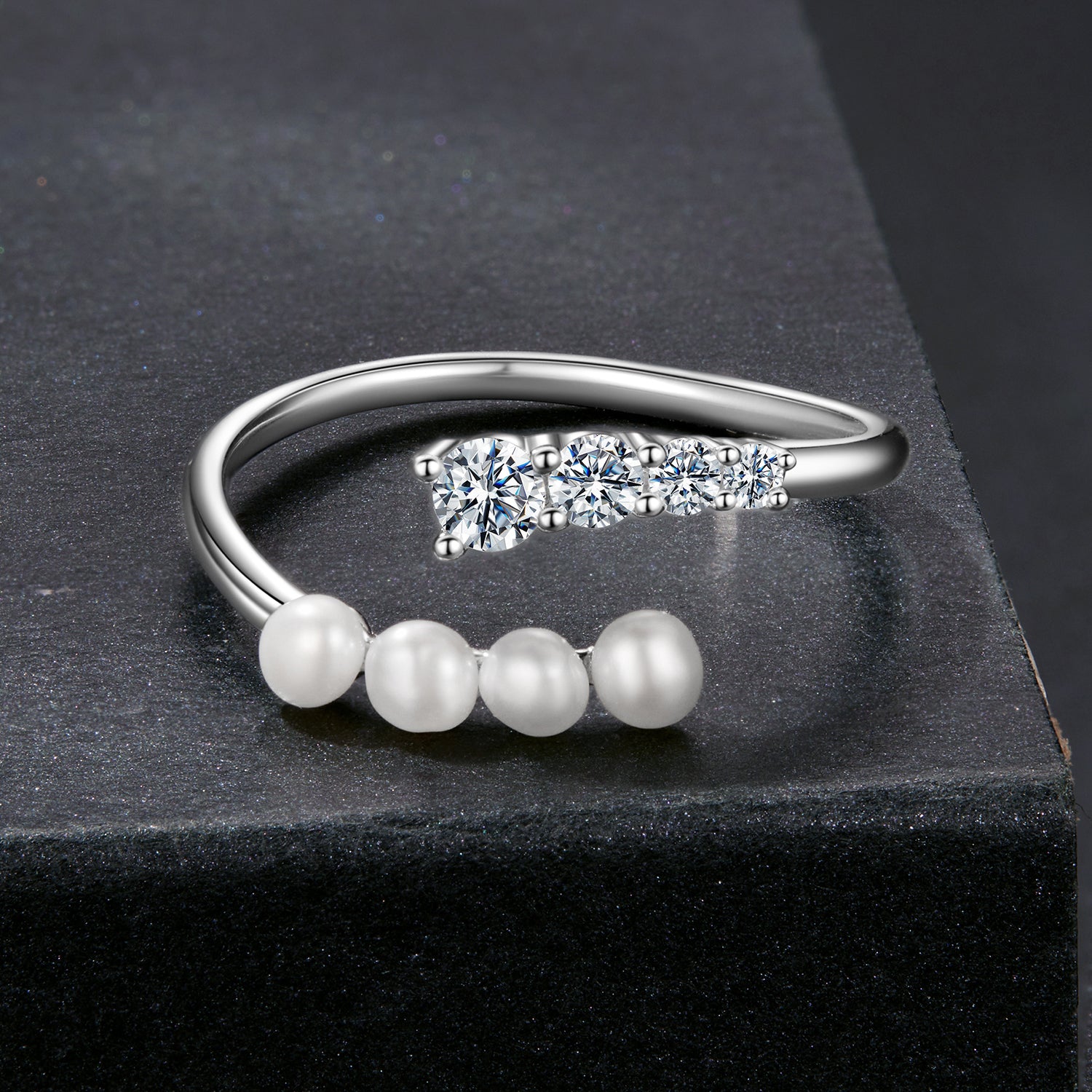 Adjustable Open Pearl & Moissanite Ring | Sterling Silver