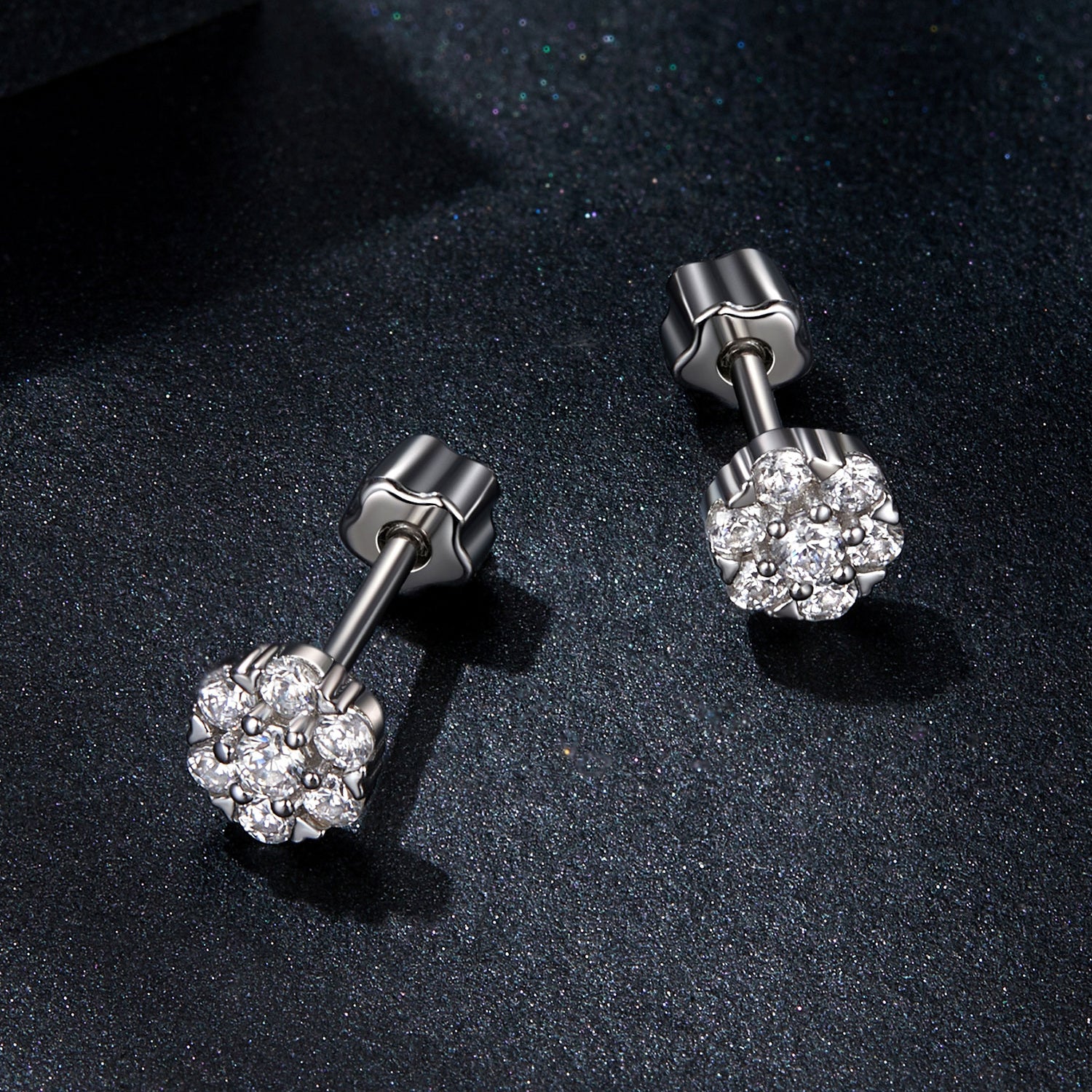 Floral Cluster Moissanite Stud Earrings | Screw-Back in Sterling Silver