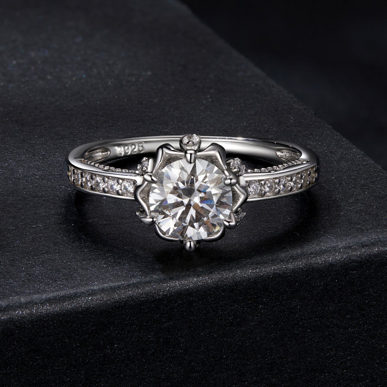 Blooming Bud Moissanite Ring | Pavé Band in Sterling Silver