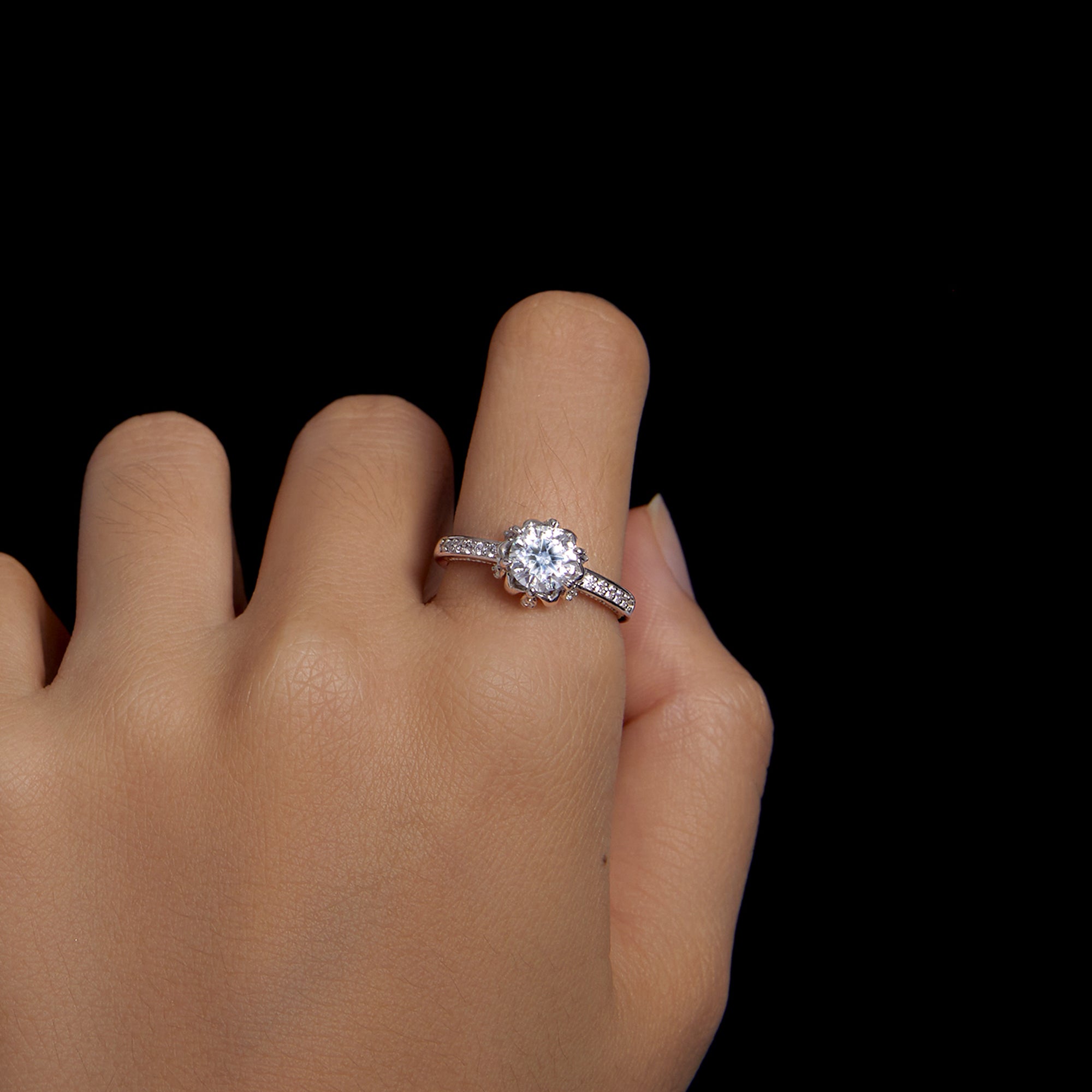 Blooming Bud Moissanite Ring | Pavé Band in Sterling Silver