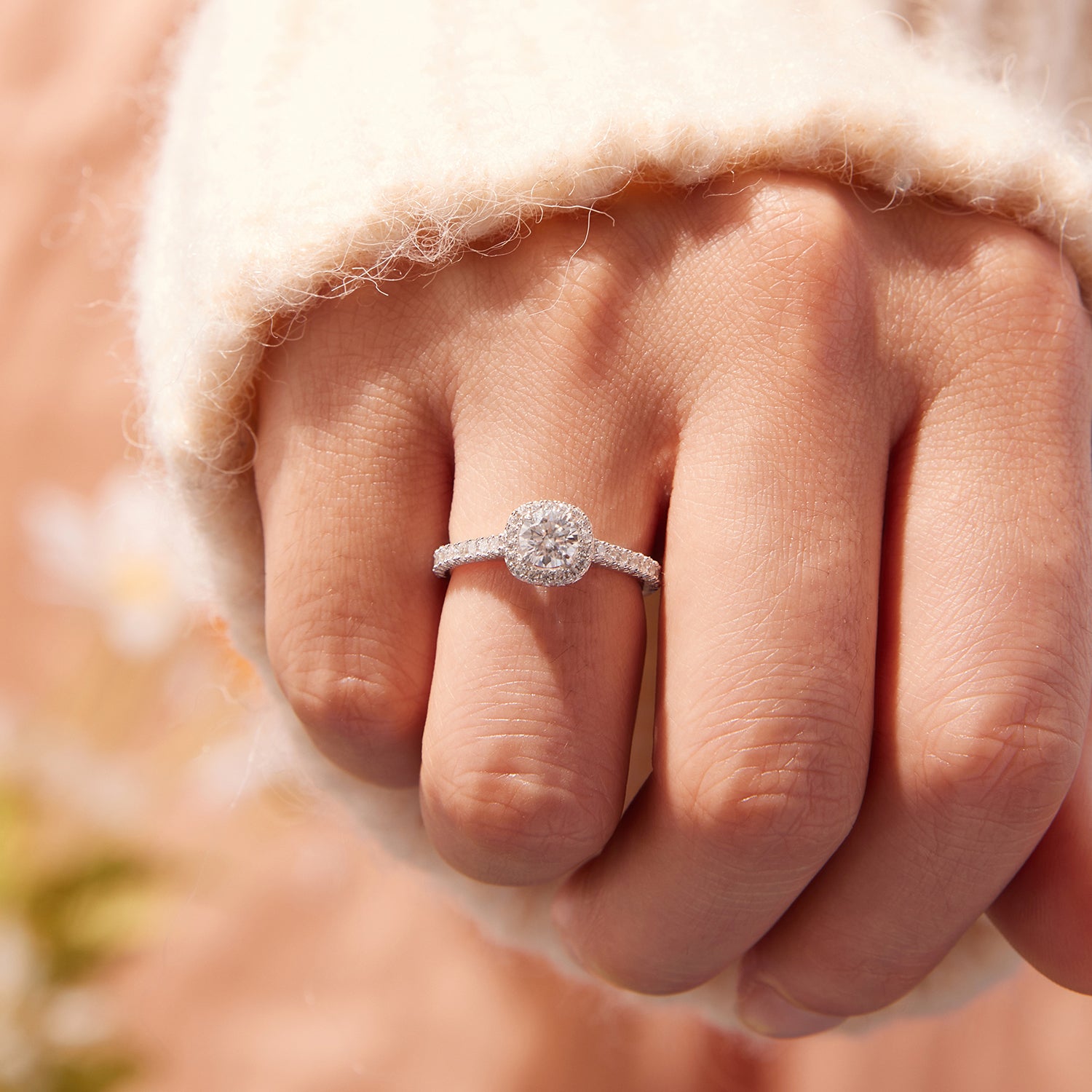 Halo Moissanite Engagement Ring | Pavé Band in Sterling Silver