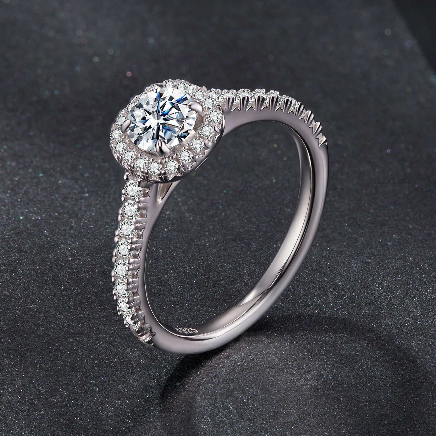 Halo Moissanite Engagement Ring | Pavé Band in Sterling Silver