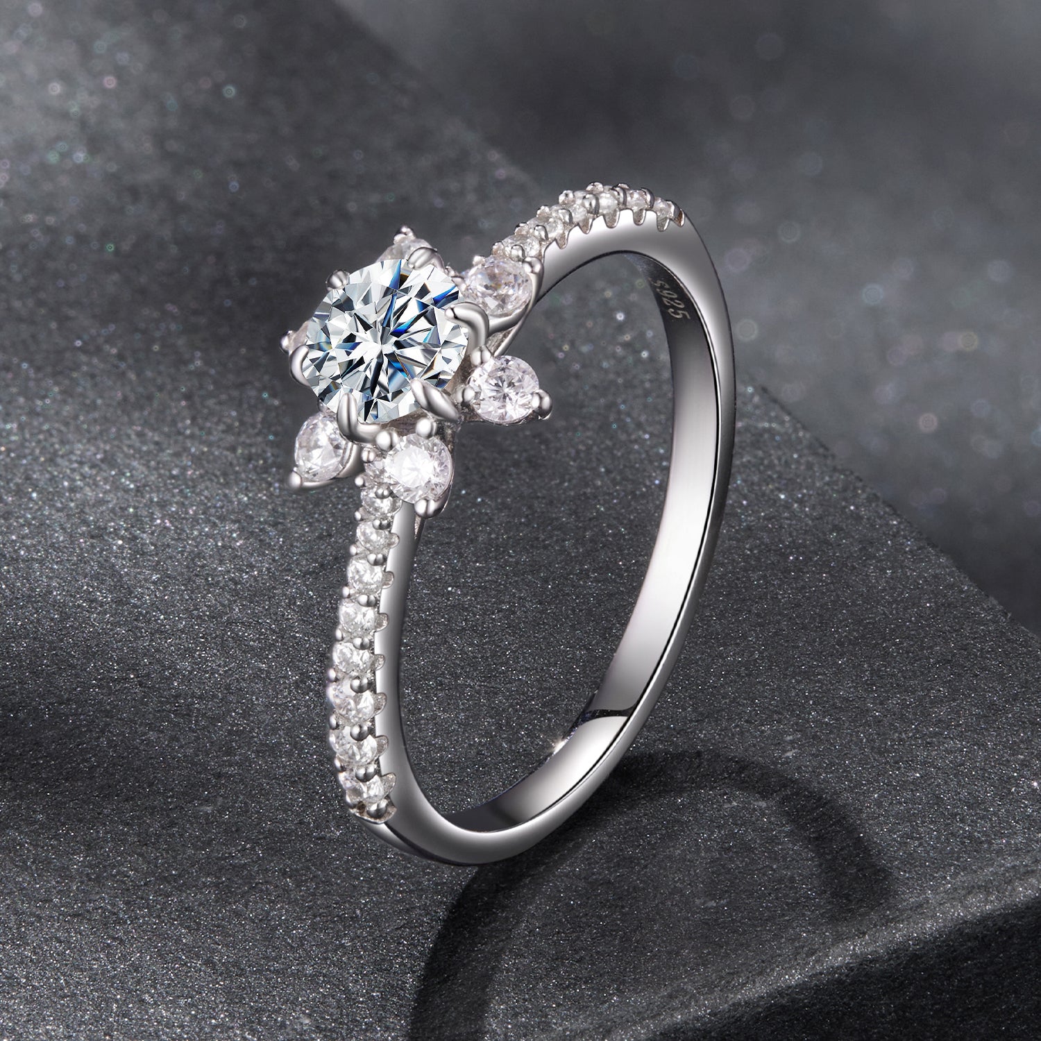 Snowflake Moissanite Ring | Pavé Band in Sterling Silver