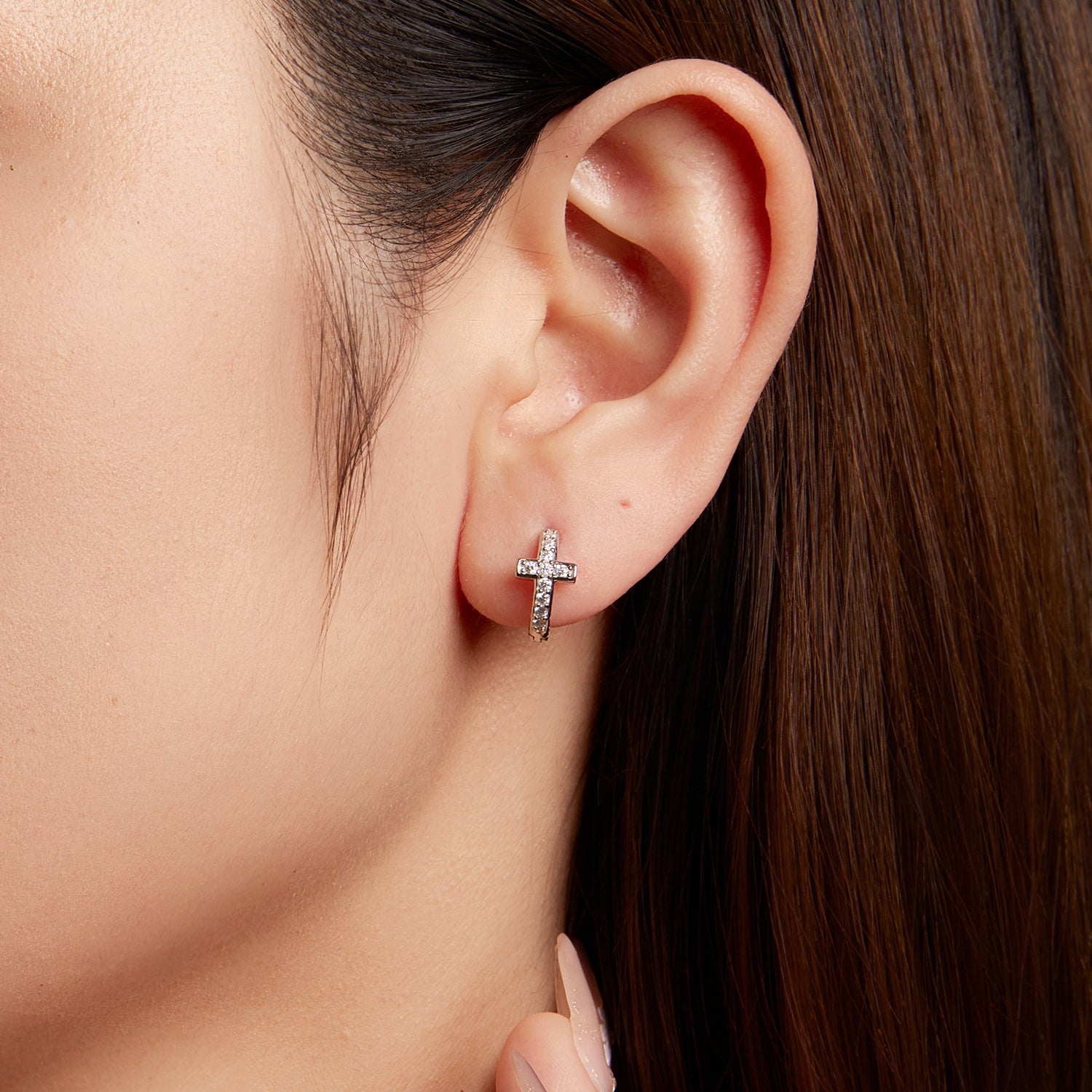 Cross Huggie Hoop Earrings | Pavé in Sterling Silver