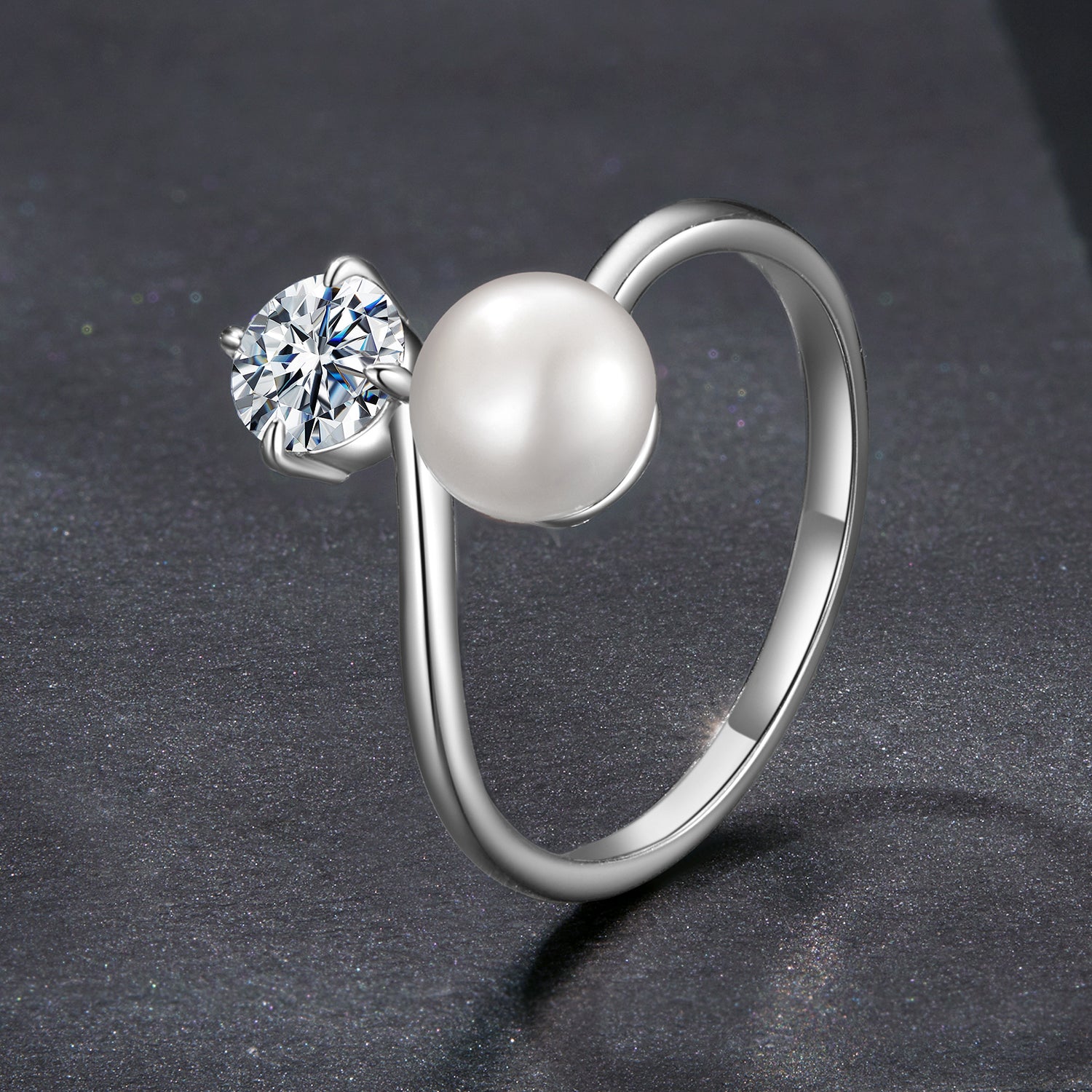 Pearl & Moissanite Open Ring | Adjustable in Sterling Silver