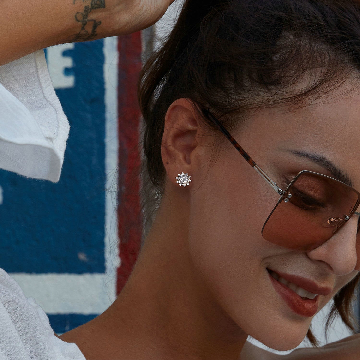 Radiant Sunflower Snowflake Halo Moissanite Stud Earrings | Sterling Silver