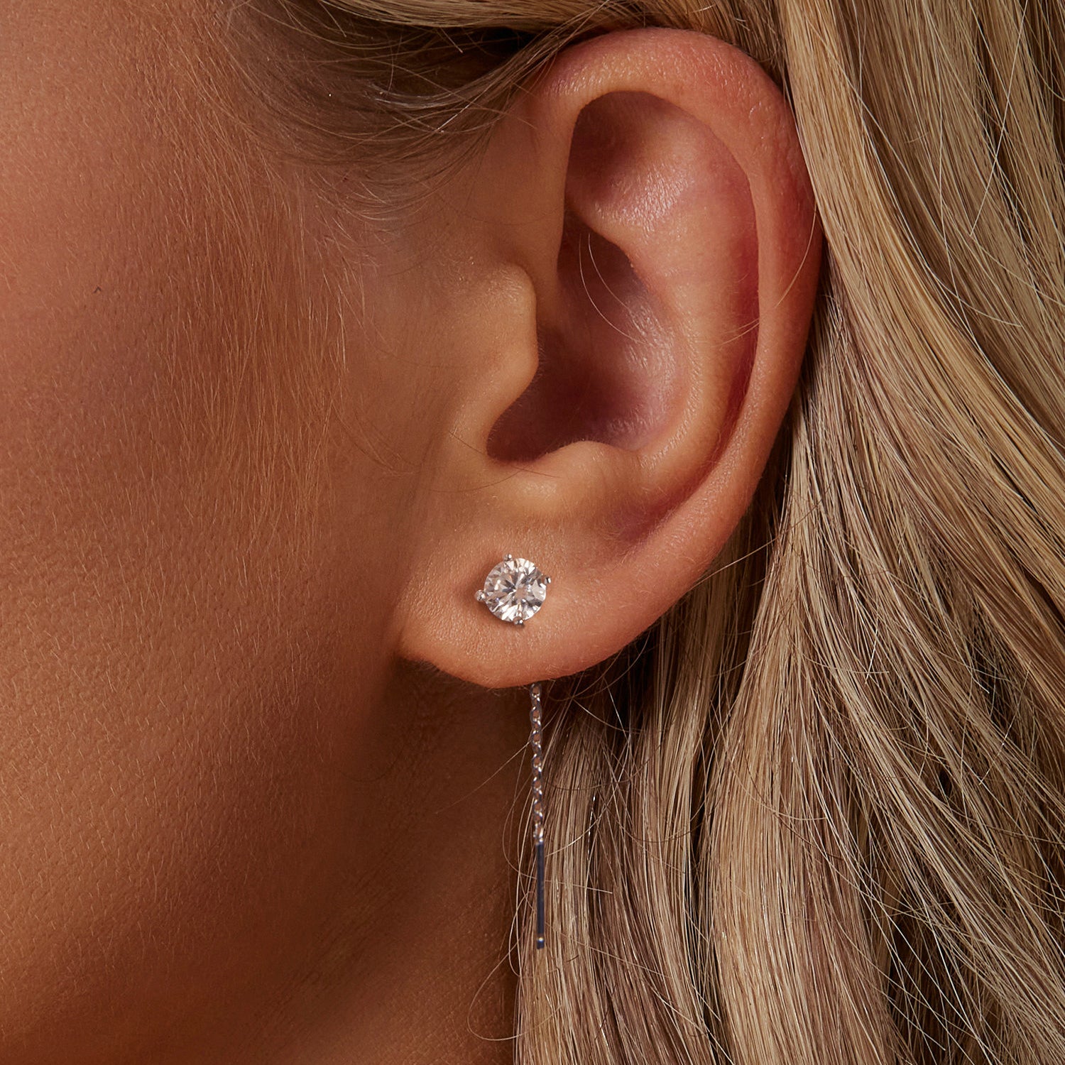 Round Moissanite Threader Earrings | Sterling Silver
