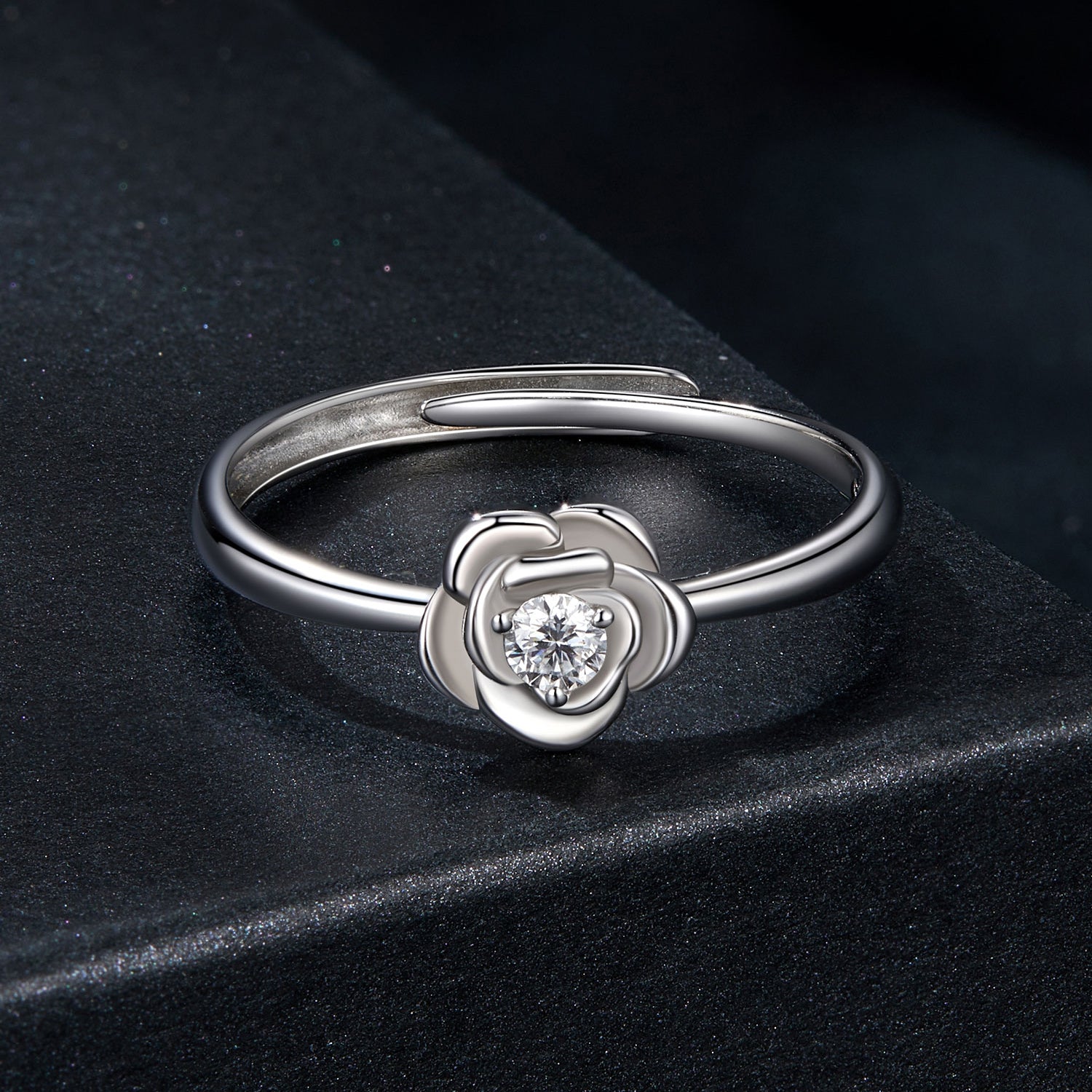 Romantic Rose Flower Moissanite Adjustable Ring | Sterling Silver