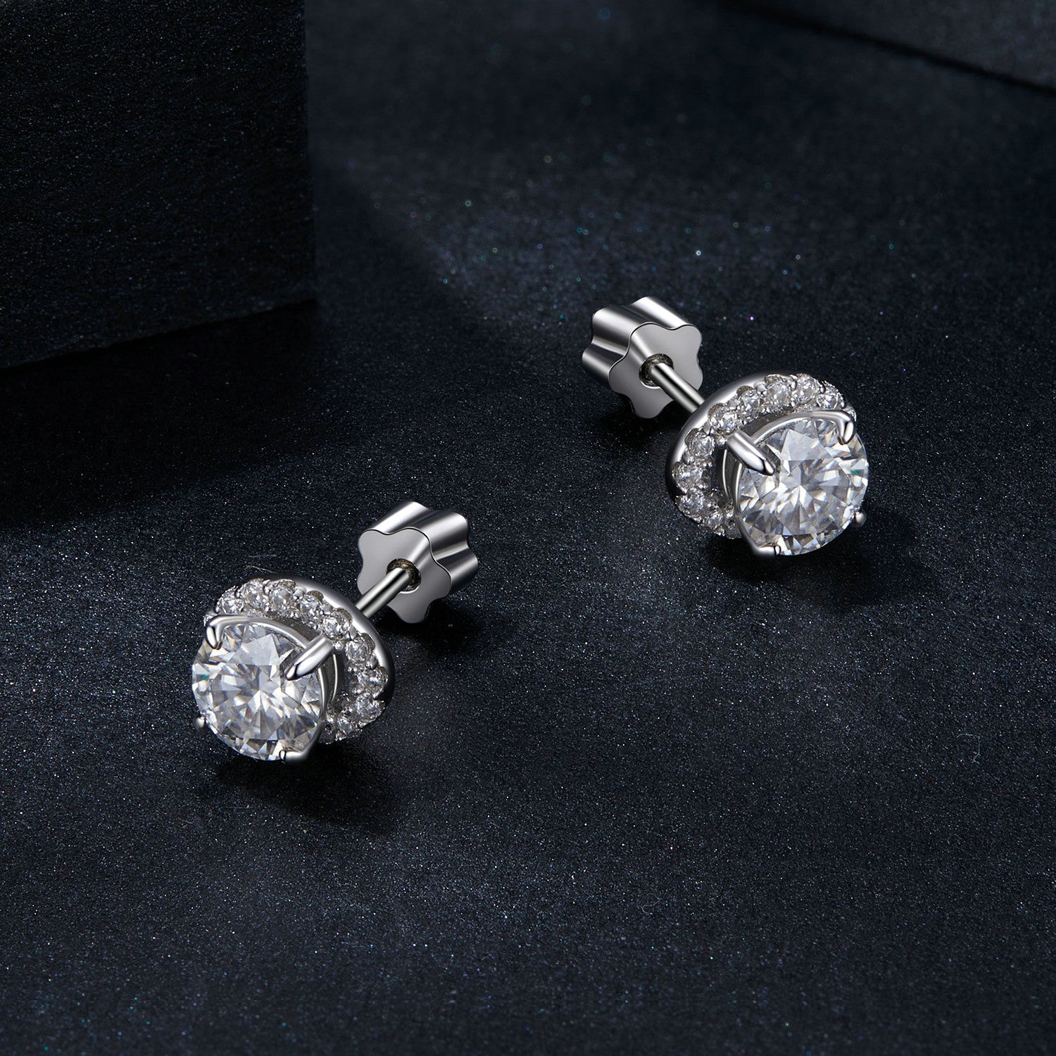 Oval Halo Moissanite Stud Earrings | Screw-Back in Sterling Silver