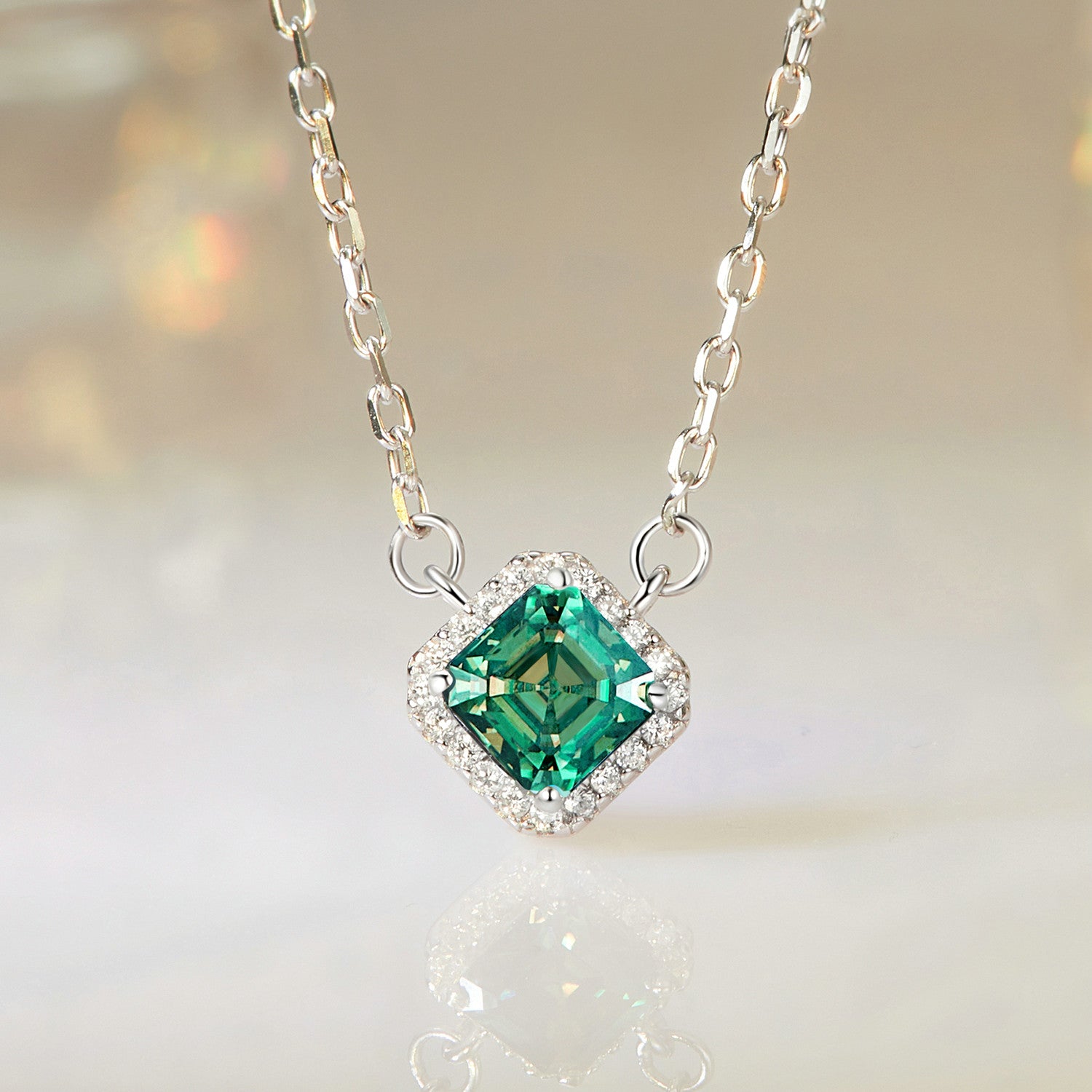 Green Moissanite Necklace | Halo in Sterling Silver