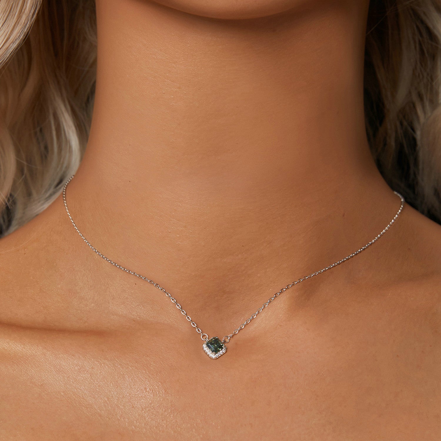 Green Moissanite Necklace | Halo in Sterling Silver