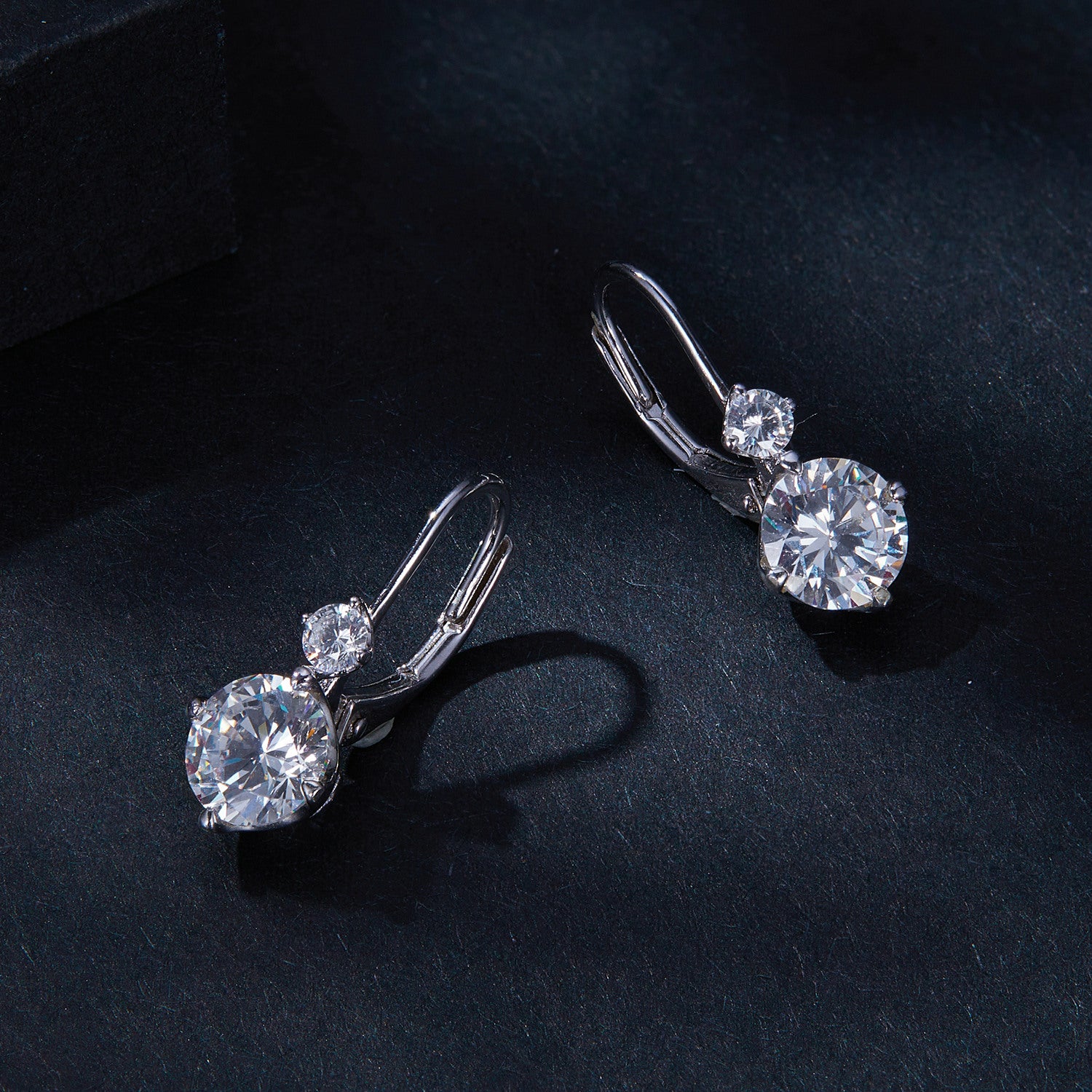 Elegant Two-Stone Drop Moissanite Earrings | Leverback in Sterling Silver