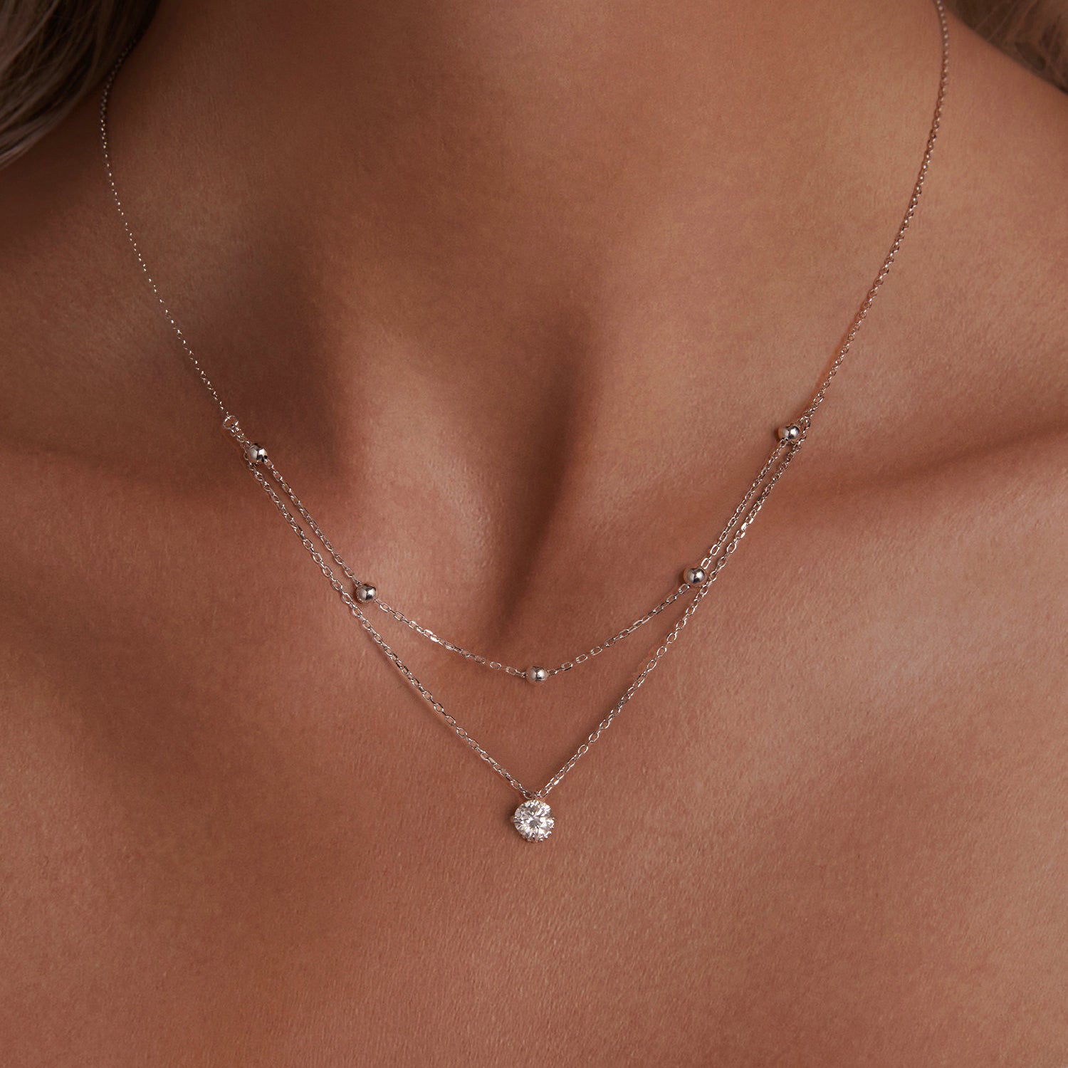 Layered Double Chain Moissanite Necklace | Sterling Silver