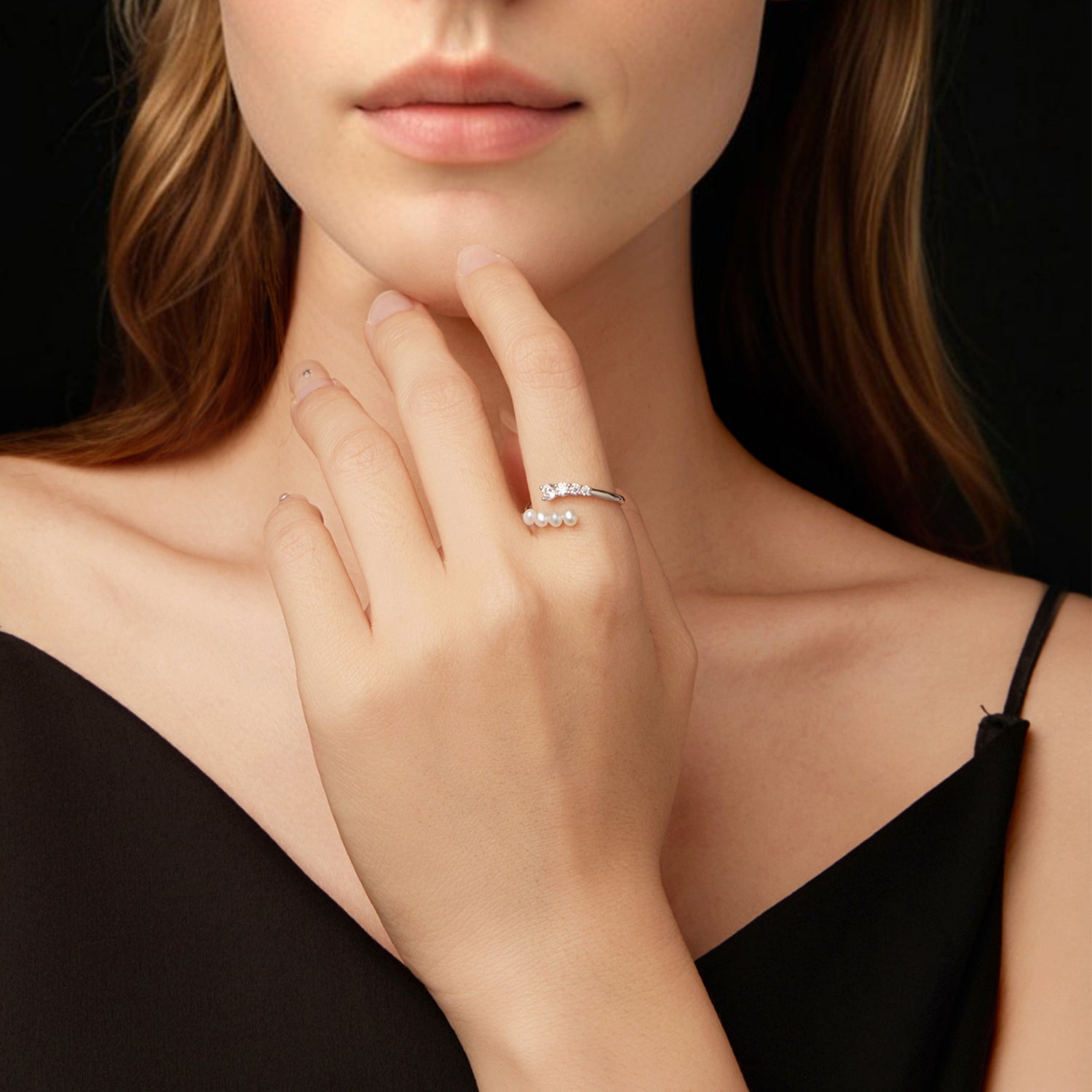 Adjustable Open Pearl & Moissanite Ring | Sterling Silver