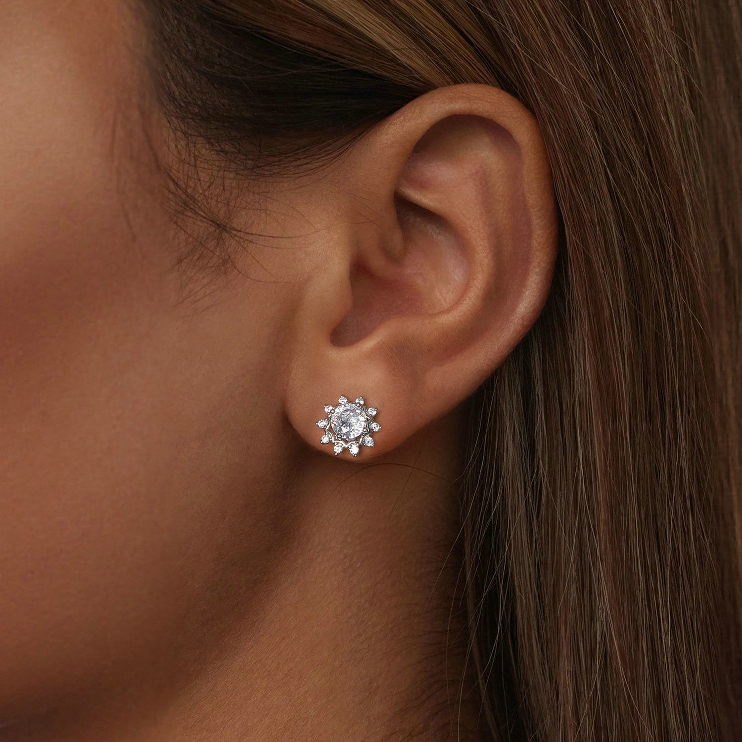 Radiant Sunflower Snowflake Halo Moissanite Stud Earrings | Sterling Silver