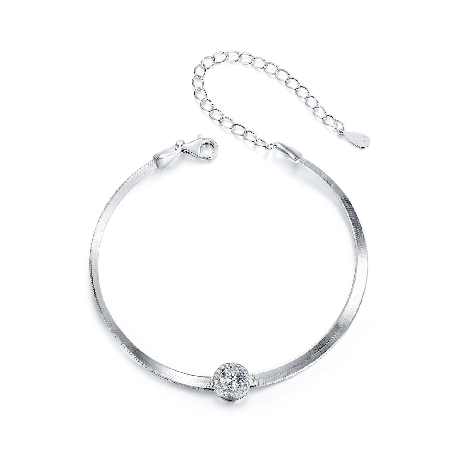Round Halo Moissanite Bracelet | Snake Chain in Sterling Silver