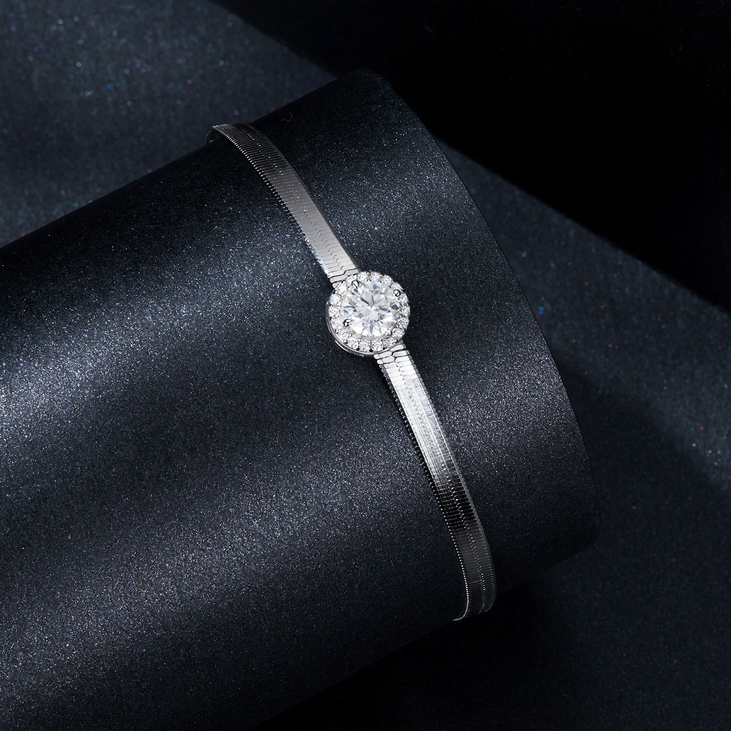 Round Halo Moissanite Bracelet | Snake Chain in Sterling Silver