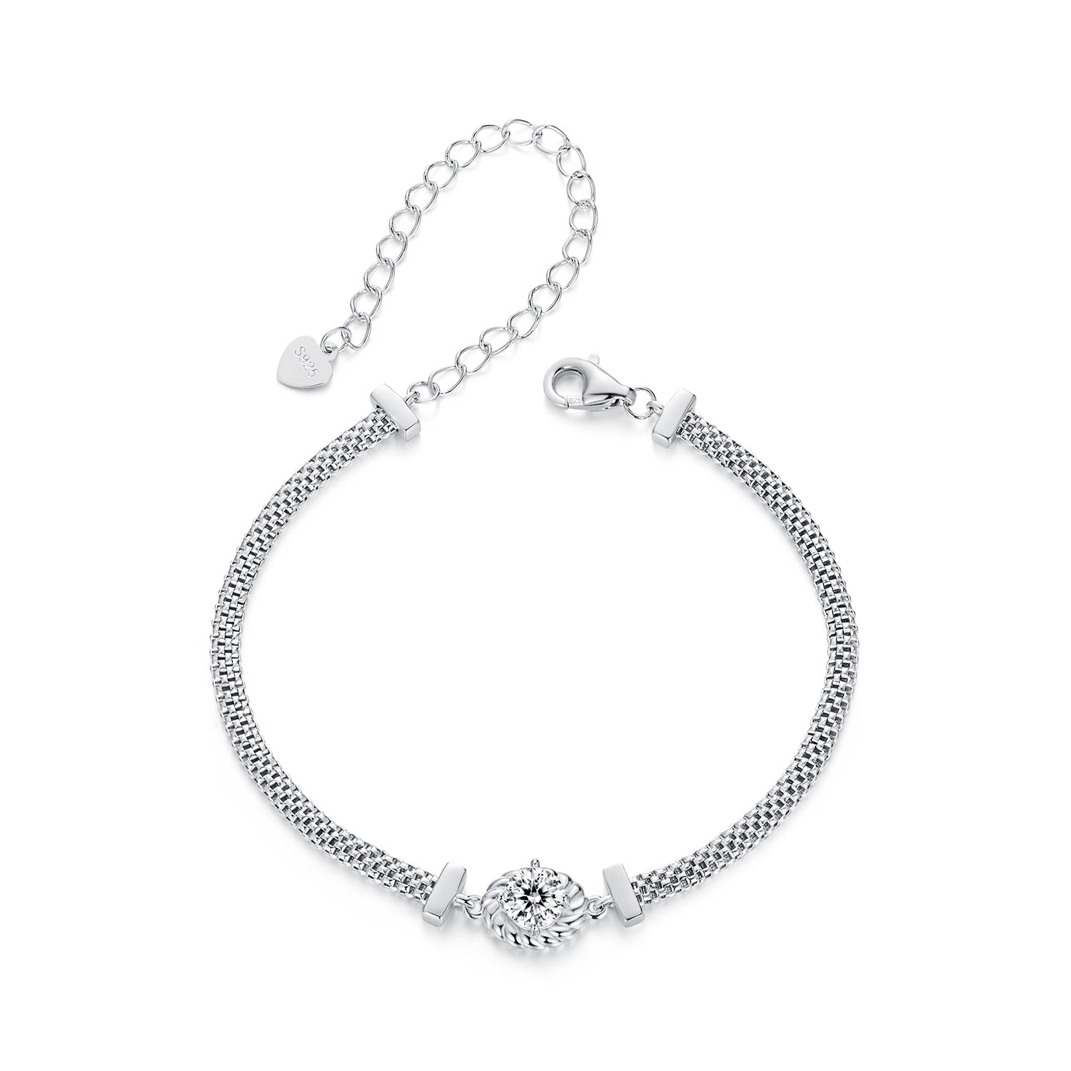Woven Chain Moissanite Bracelet with Heart Charm | Sterling Silver