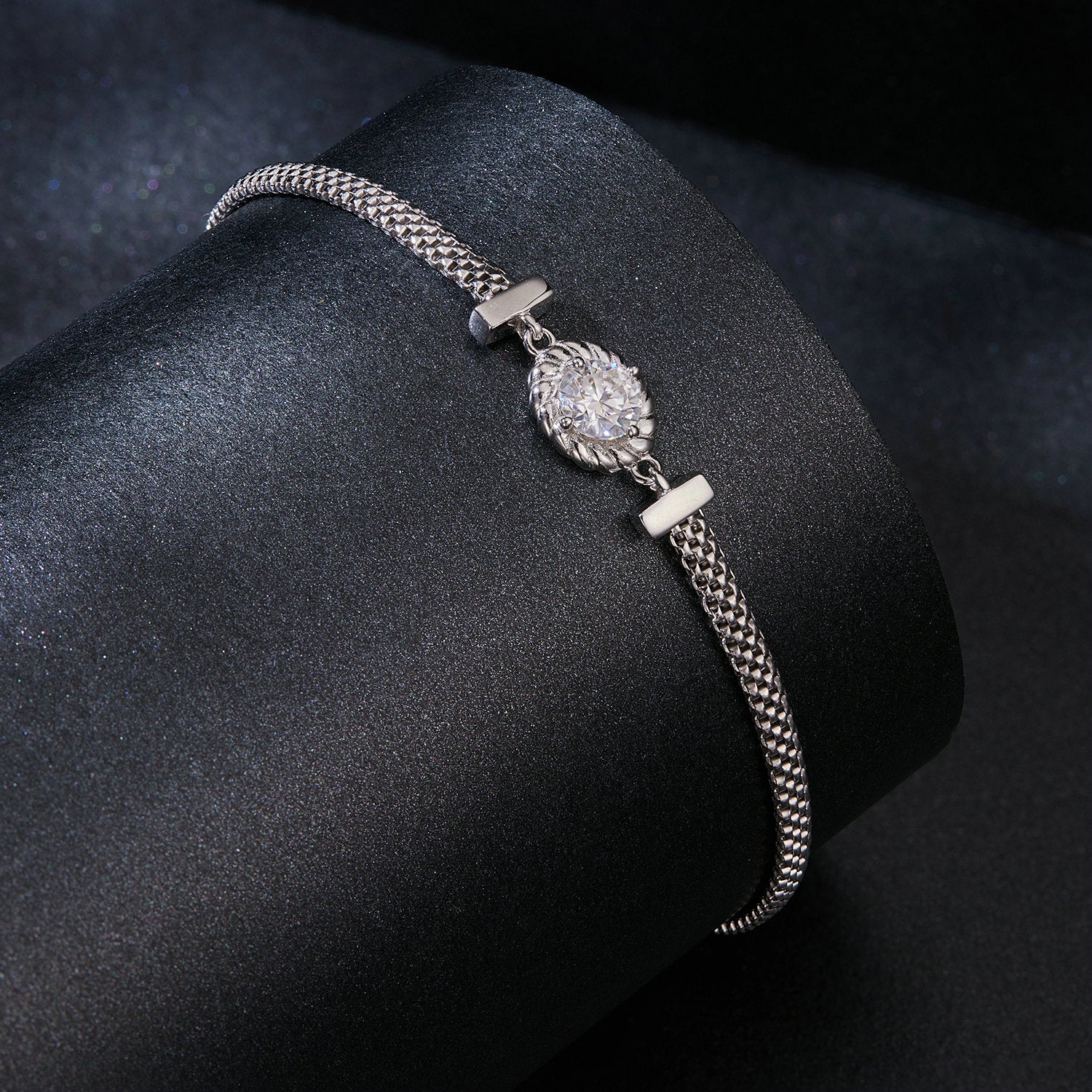 Woven Chain Moissanite Bracelet with Heart Charm | Sterling Silver