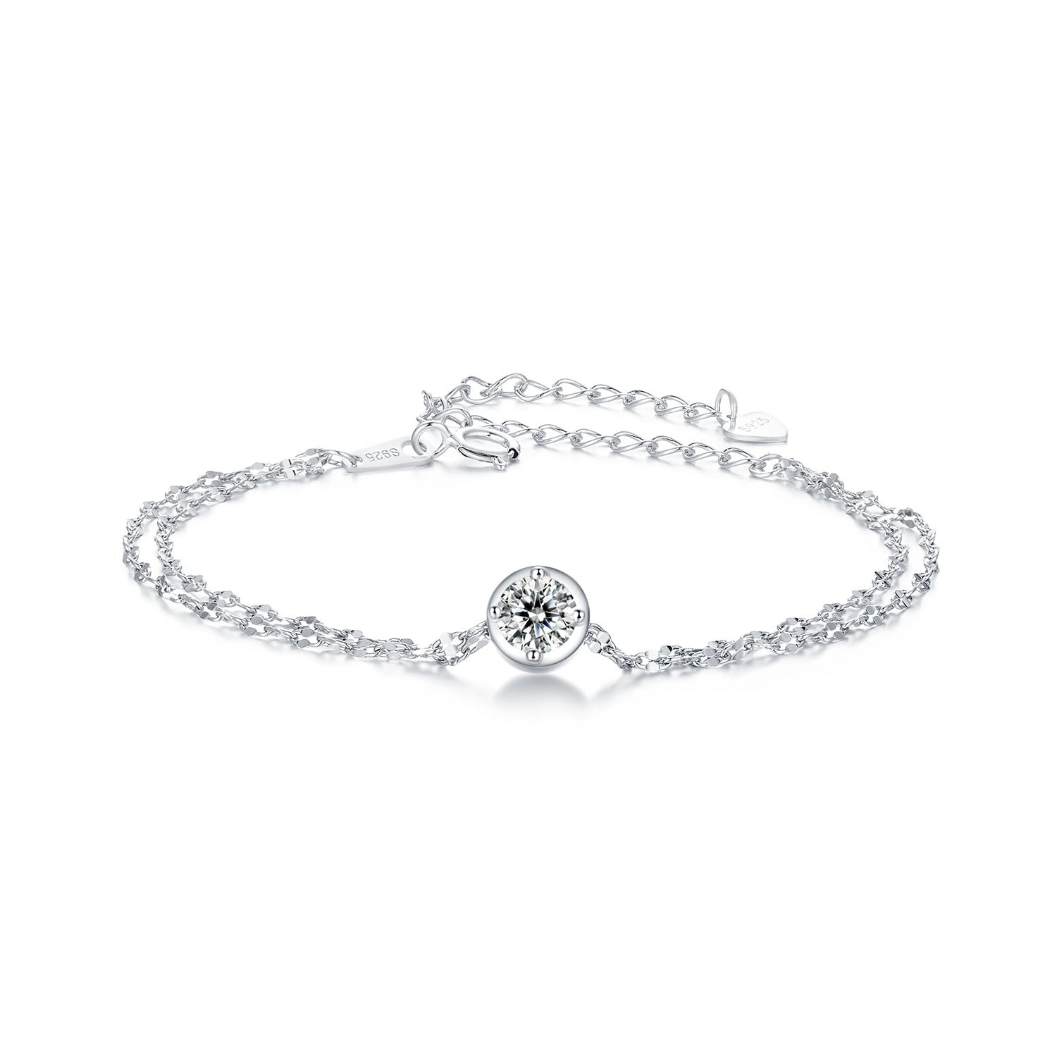 Bezel-Set Solitaire Double-Chain Moissanite Bracelet | Sterling Silver