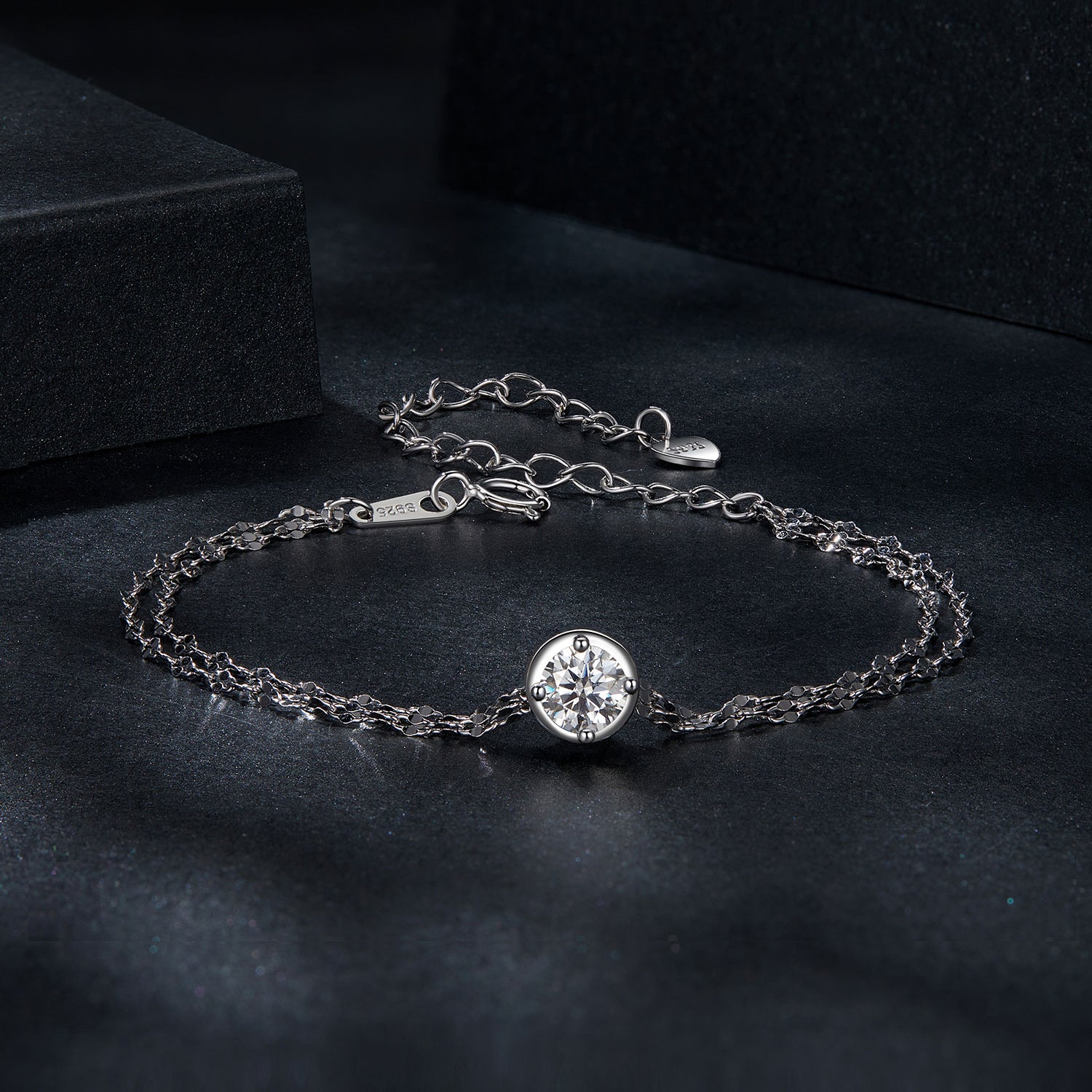 Bezel-Set Solitaire Double-Chain Moissanite Bracelet | Sterling Silver