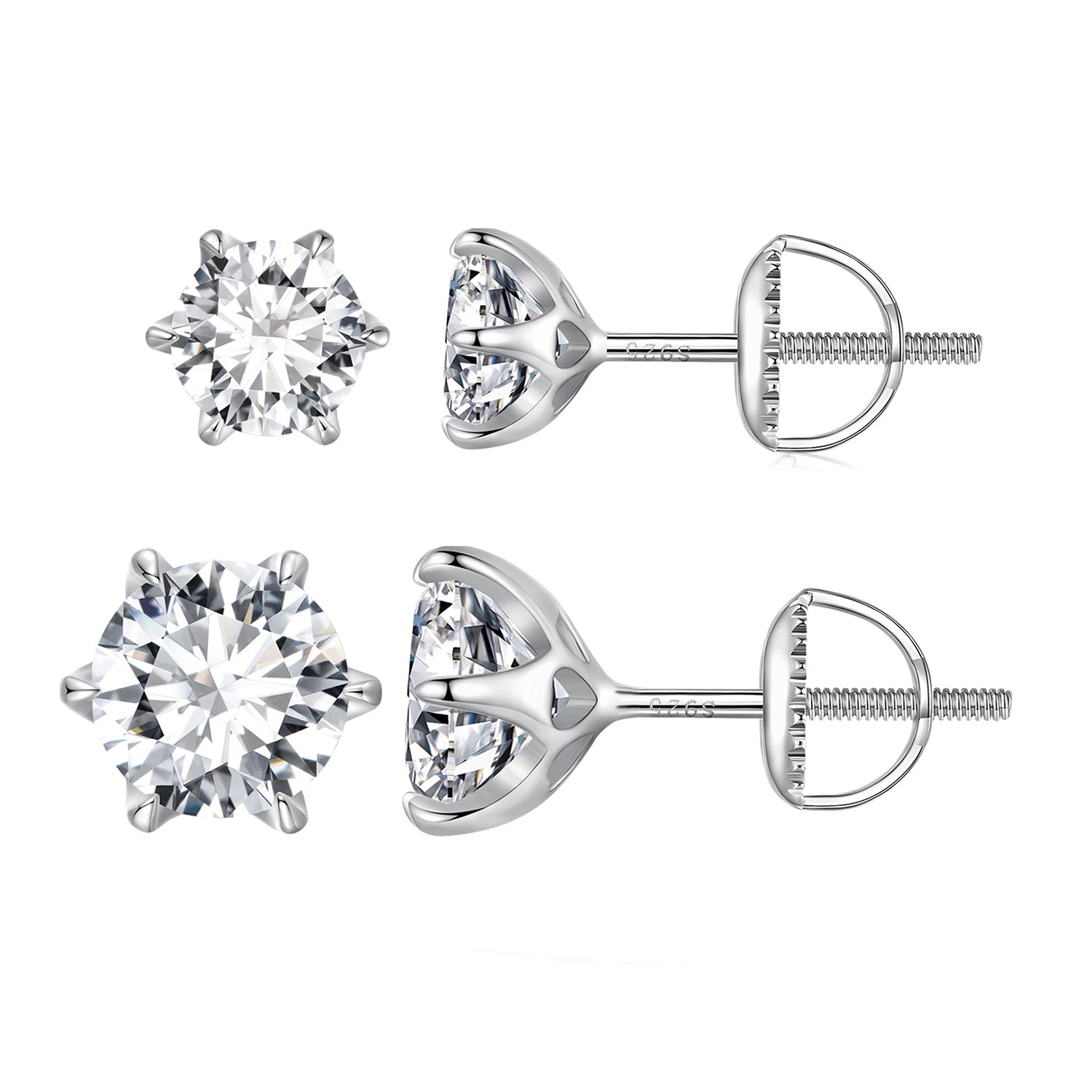 Classic Moissanite Stud Earrings | Six-Prong Screw-Back in Sterling Silver