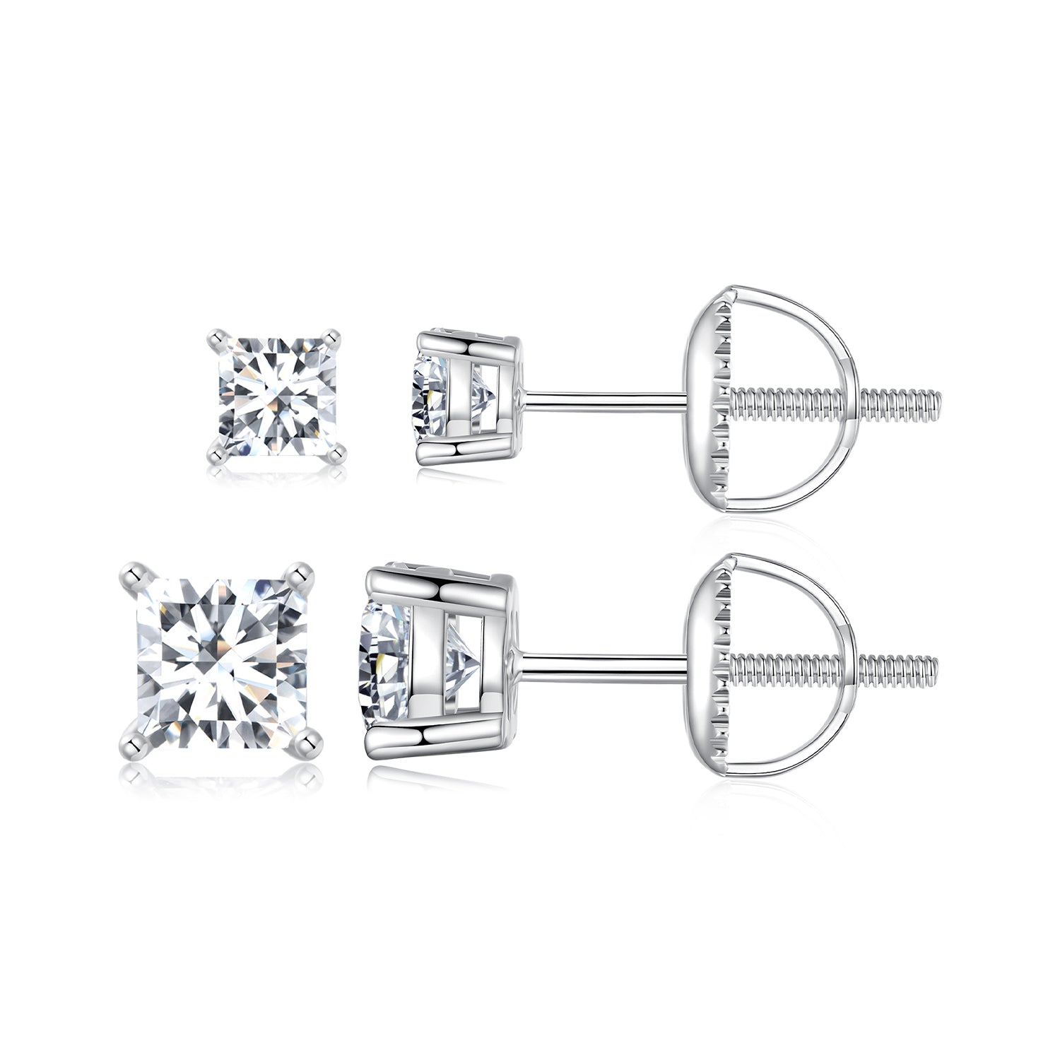Princess Cut Square Moissanite Stud Earrings Set (2 Pairs) | Sterling Silver