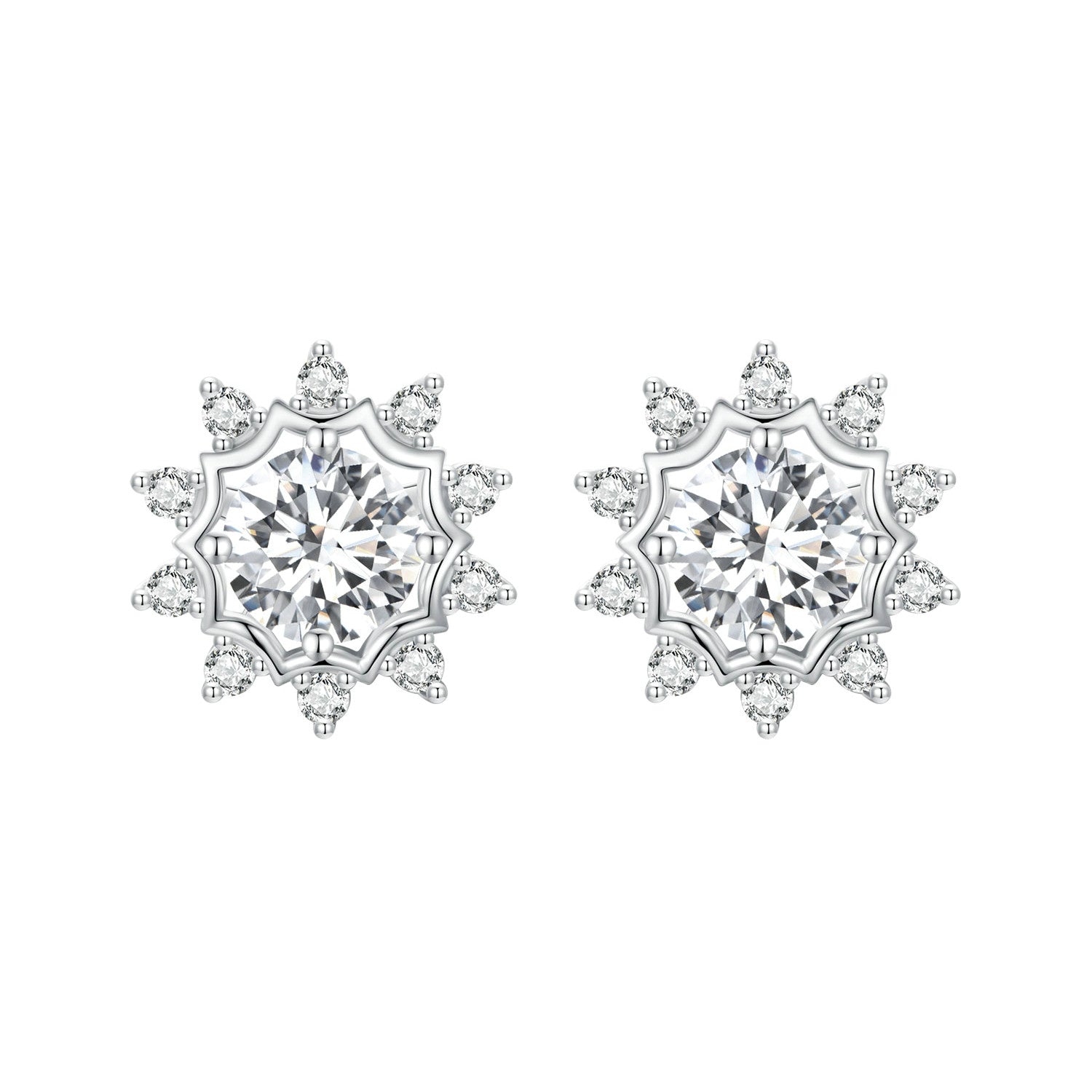 Radiant Sunflower Snowflake Halo Moissanite Stud Earrings | Sterling Silver