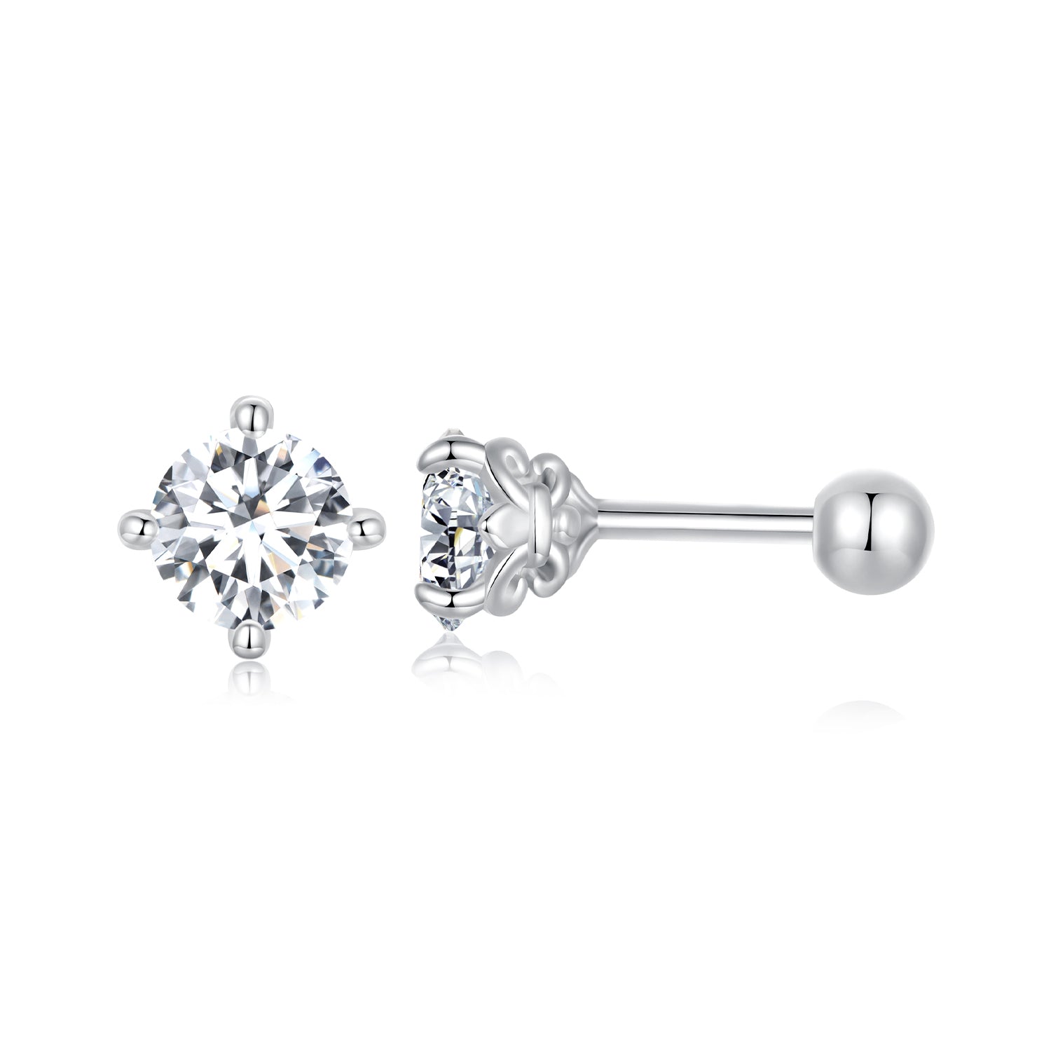 Four-Prong Solitaire Moissanite Stud Earrings | Ball-Back in Sterling Silver