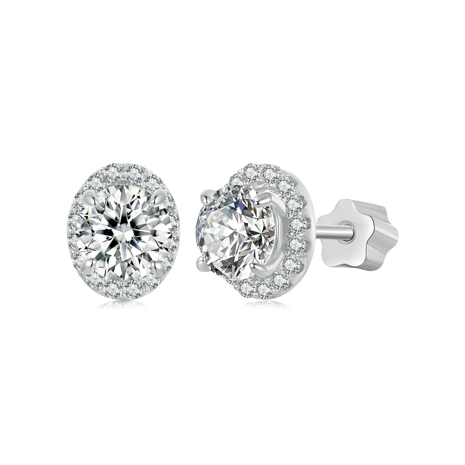 Oval Halo Moissanite Stud Earrings | Screw-Back in Sterling Silver