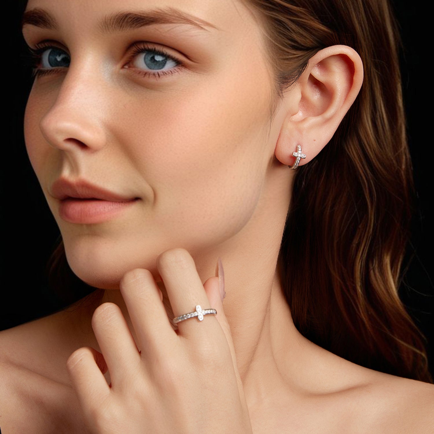 Cross Huggie Hoop Earrings | Pavé in Sterling Silver