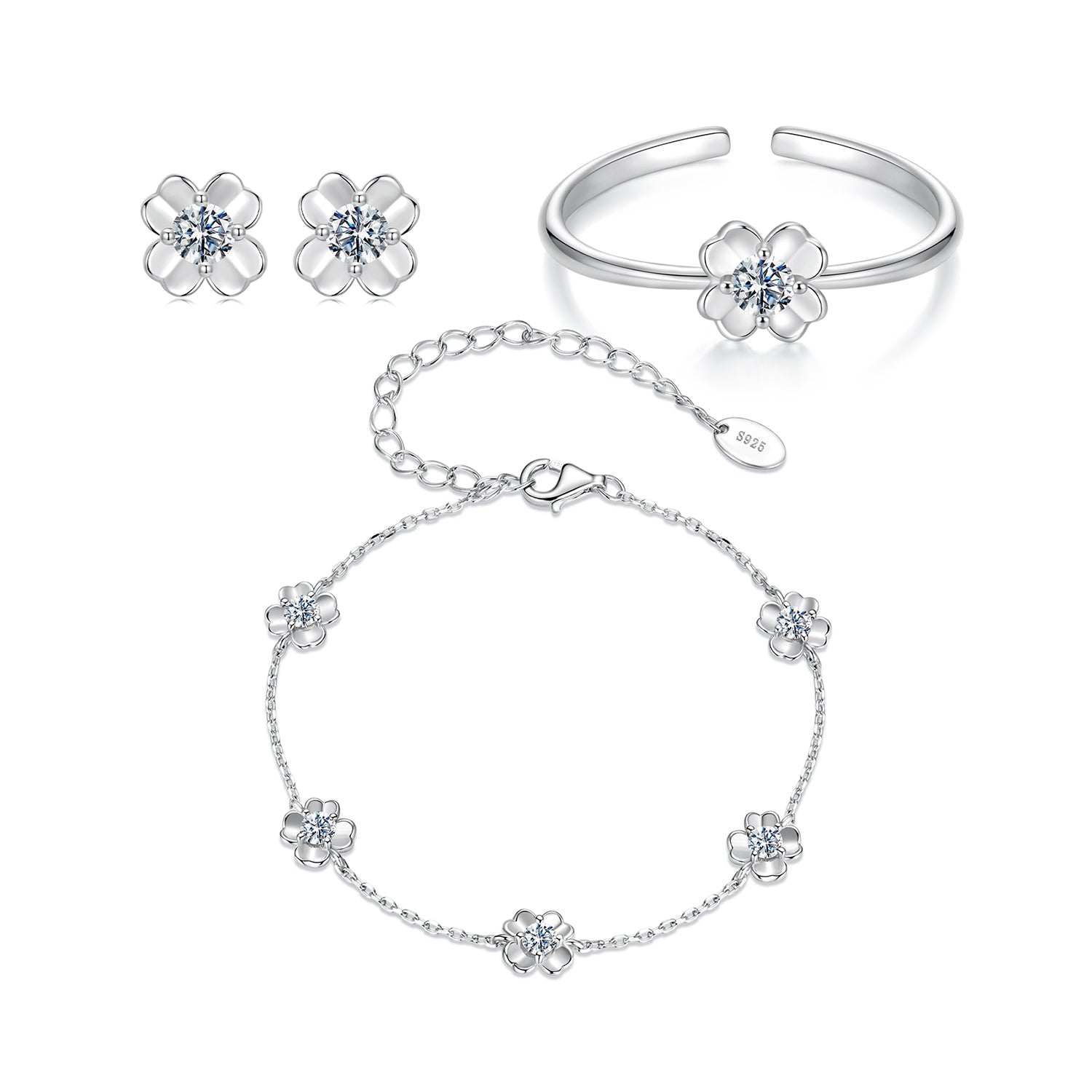 Four-Petal Flower Moissanite Jewelry Set | 3-Piece in Sterling Silver