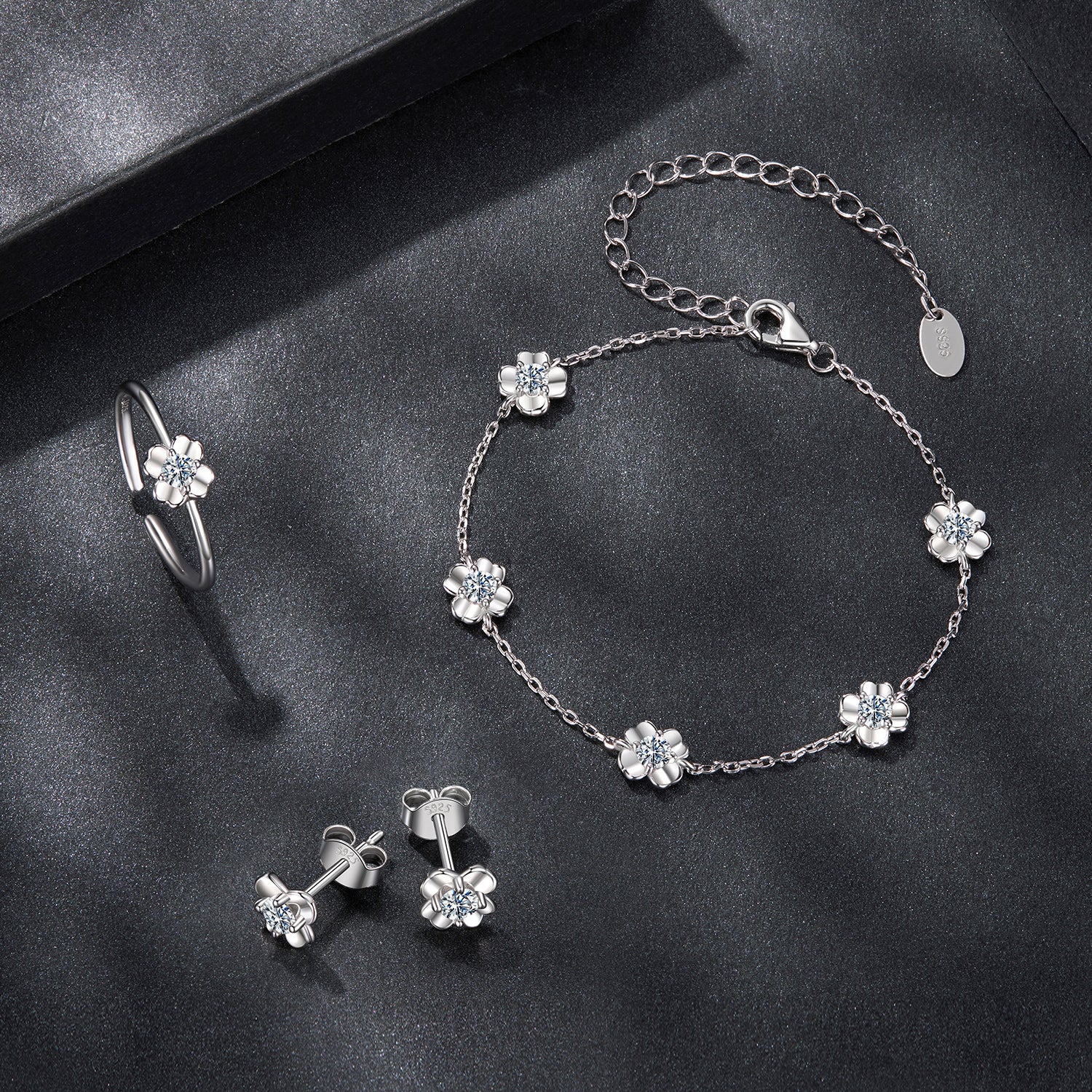 Four-Petal Flower Moissanite Jewelry Set | 3-Piece in Sterling Silver